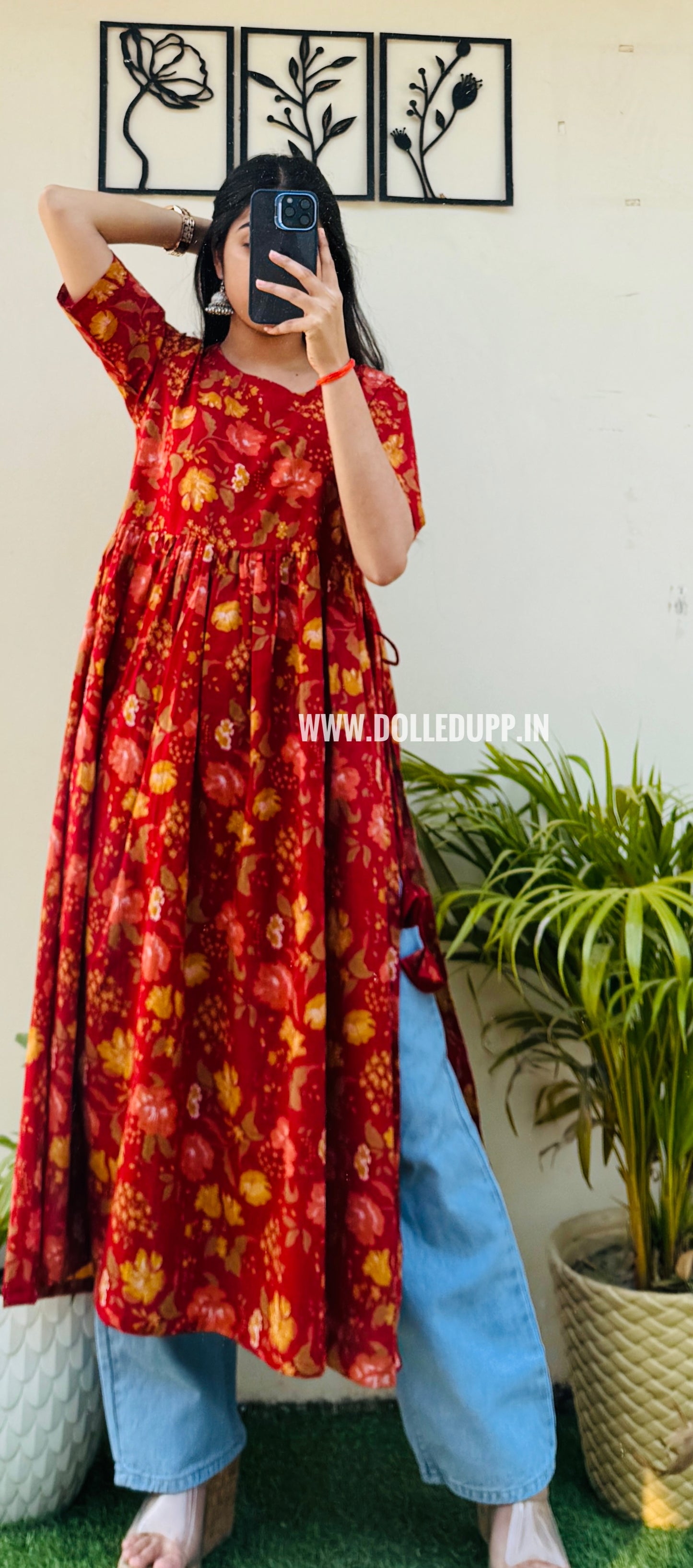 Cotton Printed Red Nyra Cut Long Kurti