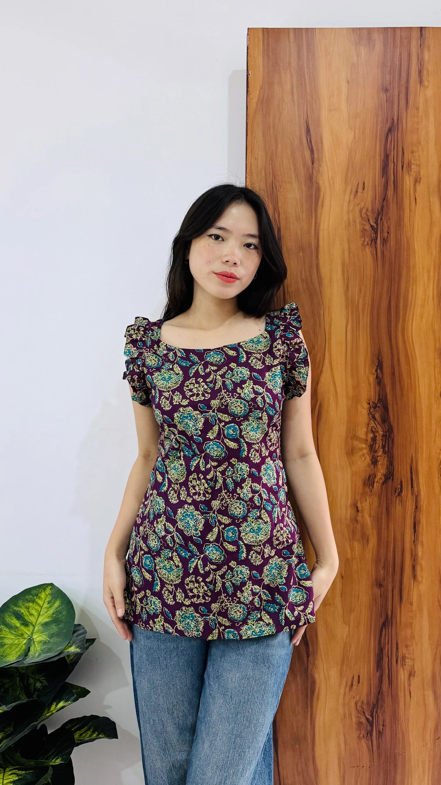 Cotton Wine Sleeveless Ruffle Short Kurti - Dolled Up