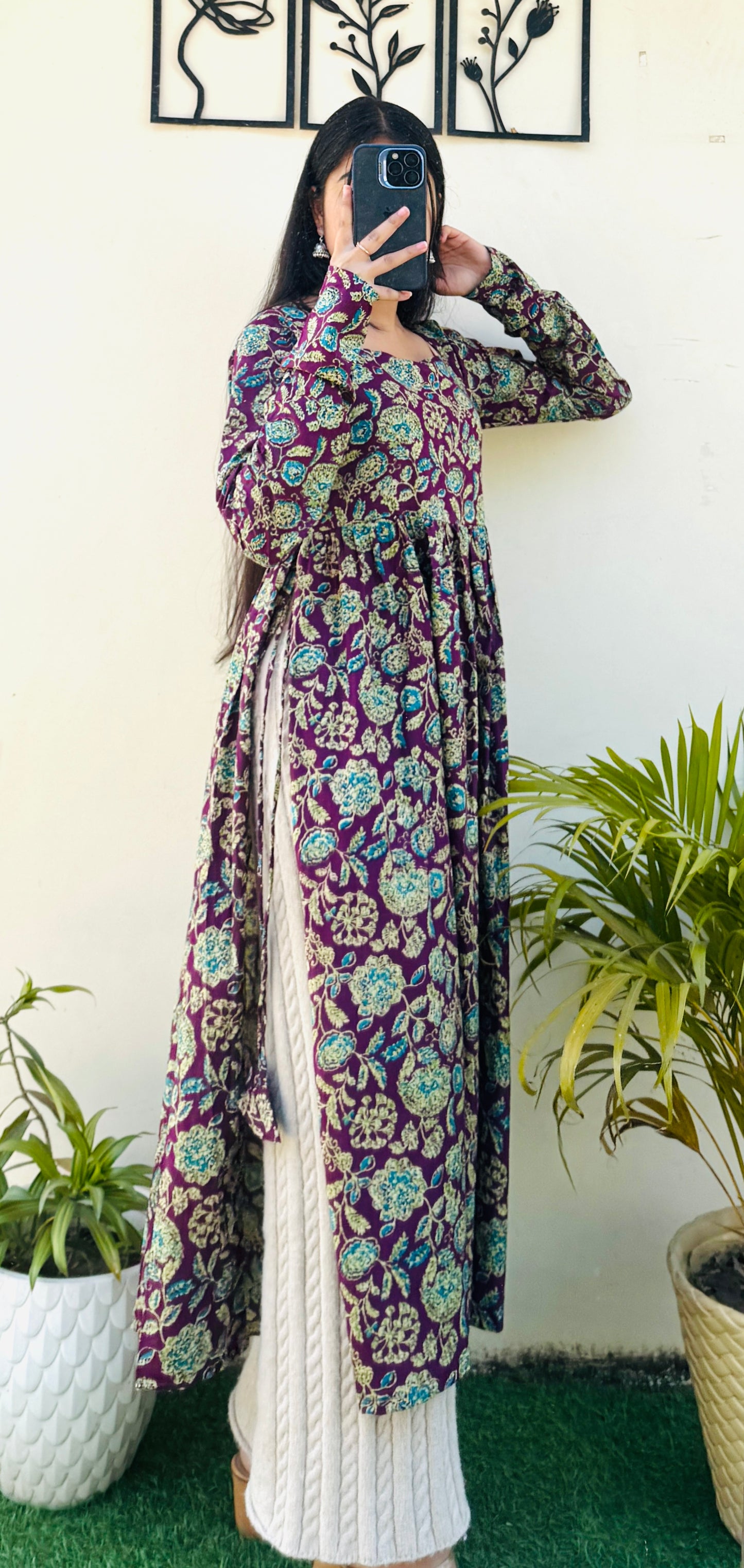Cotton Full Sleeve Wine Nyra Cut Long Kurti