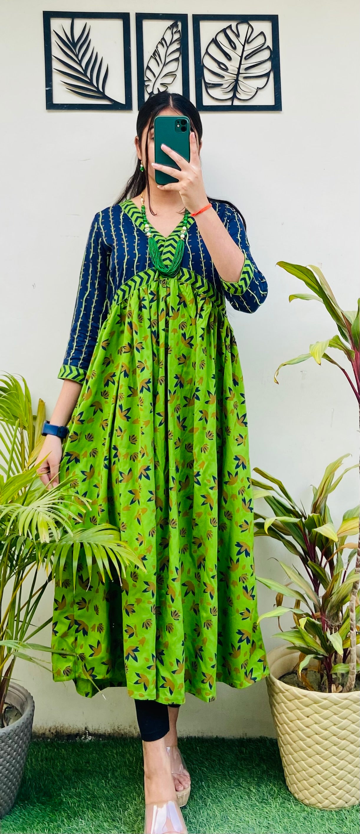 Beautiful Blue & Green Rayon Printed Dress