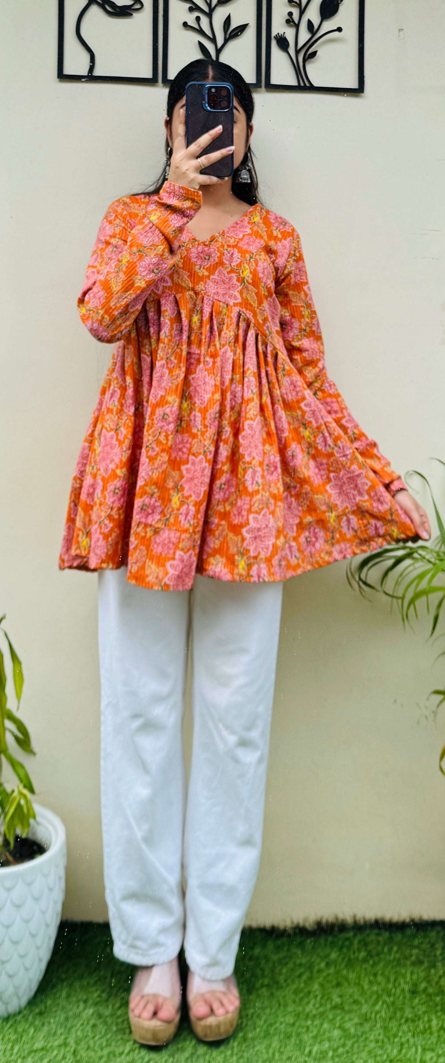 Katha Cotton Orange Flared Floral Print Aliacut Peplum Top