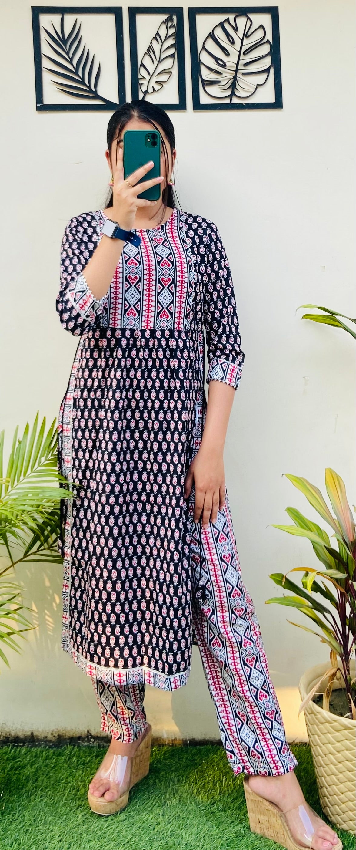 Red & Black Rayon Kurta Pant Set