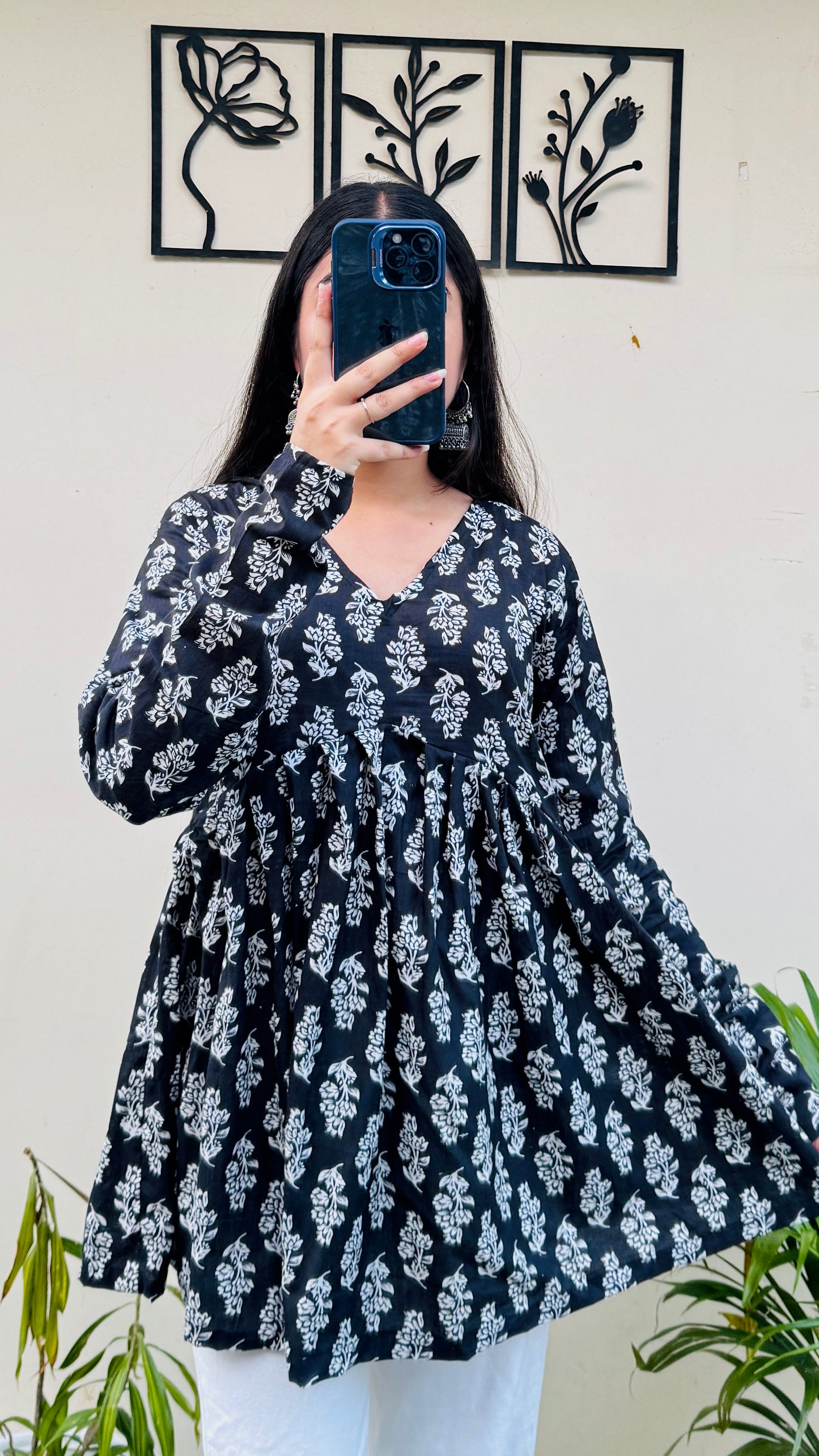 Cotton Flared Black Floral Print Aliacut Peplum Top