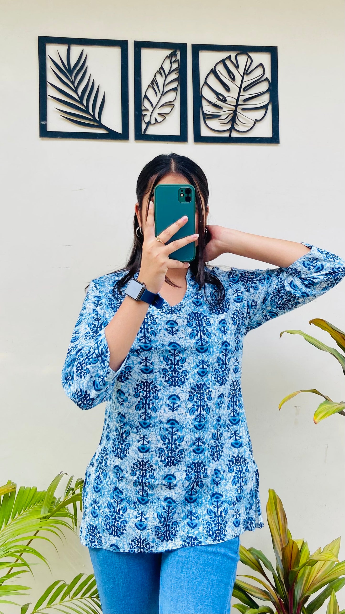 Blue Printed Cotton Short Kurti