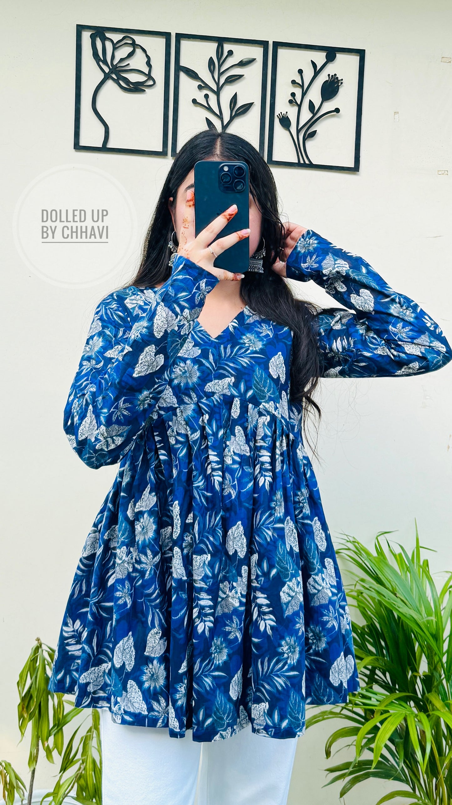 Cotton Flared Royal Blue Aliacut Floral Print Peplum Top