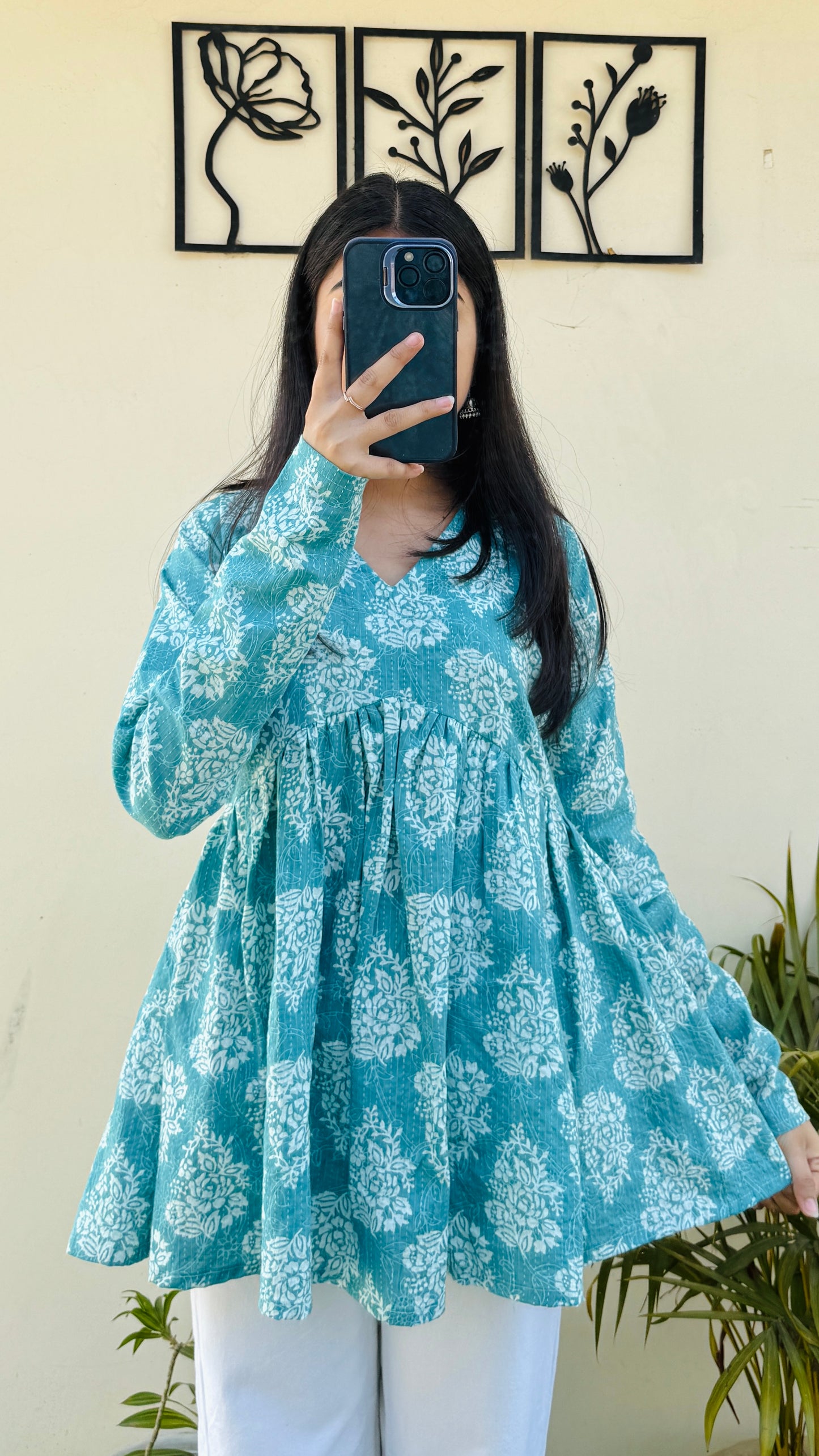 Katha Cotton Blue Flared Floral Print Aliacut Peplum Top