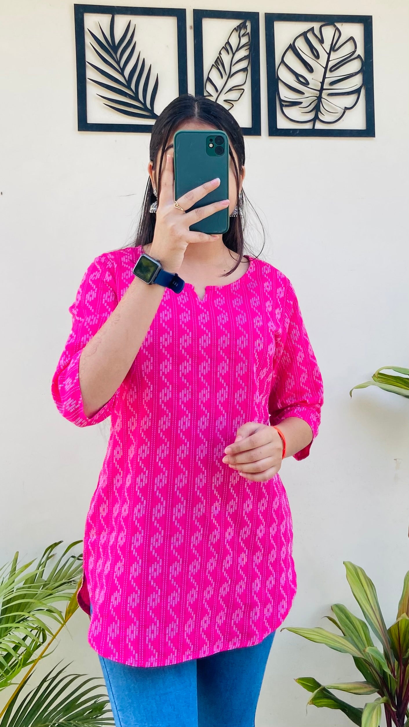 Pink Cotton Katha Short Kurti