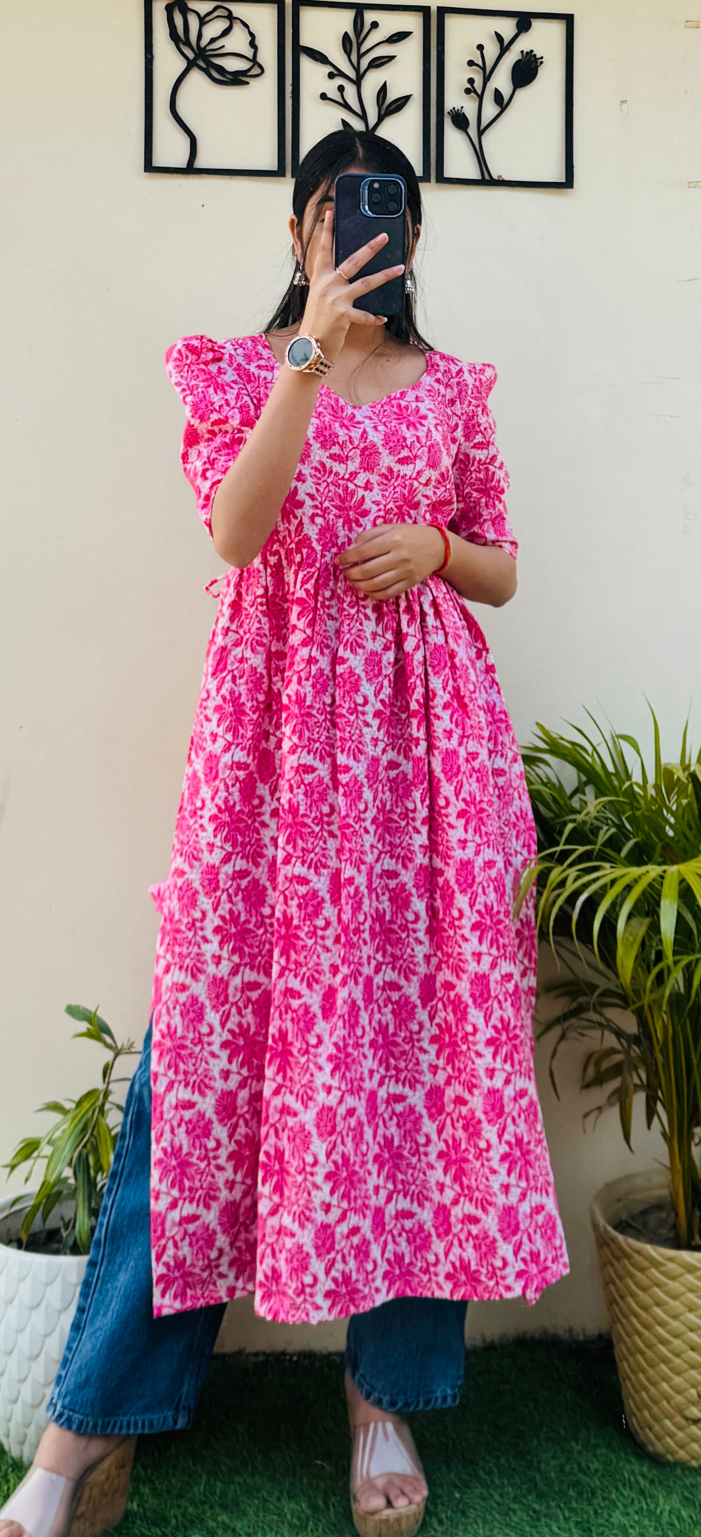 Cotton Katha Pink Puff Sleeves Nyra Cut Long Kurti