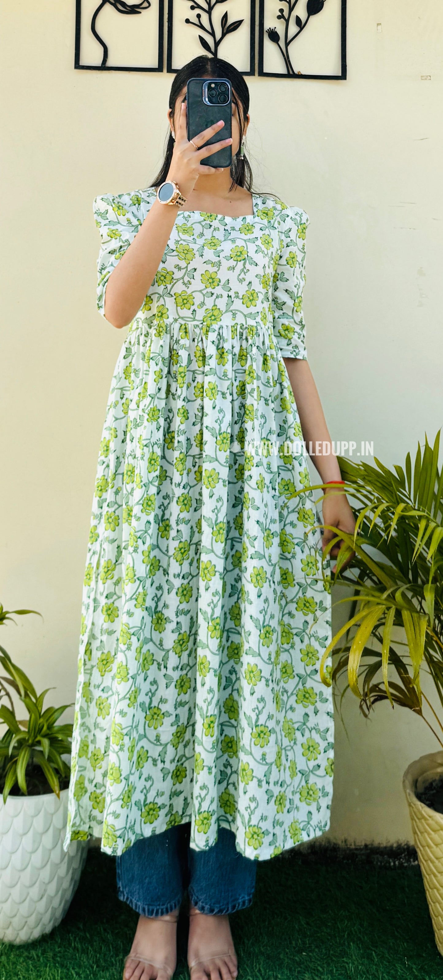 Cotton Printed White & Green Puff Sleeves Nyra Cut Long Kurti