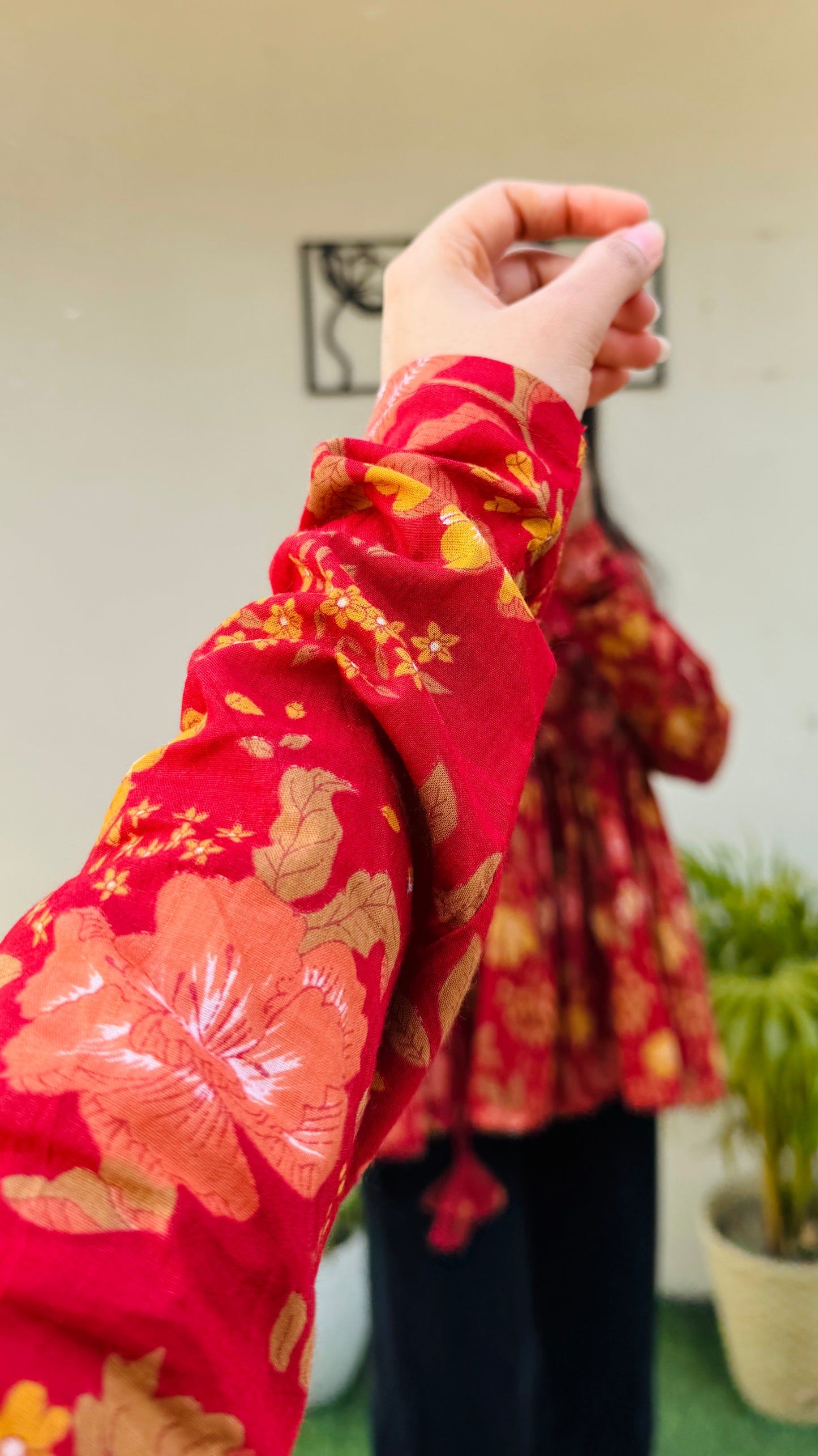 Cotton Red Angrakha Pattern Flared Floral Print Aliacut Peplum Top