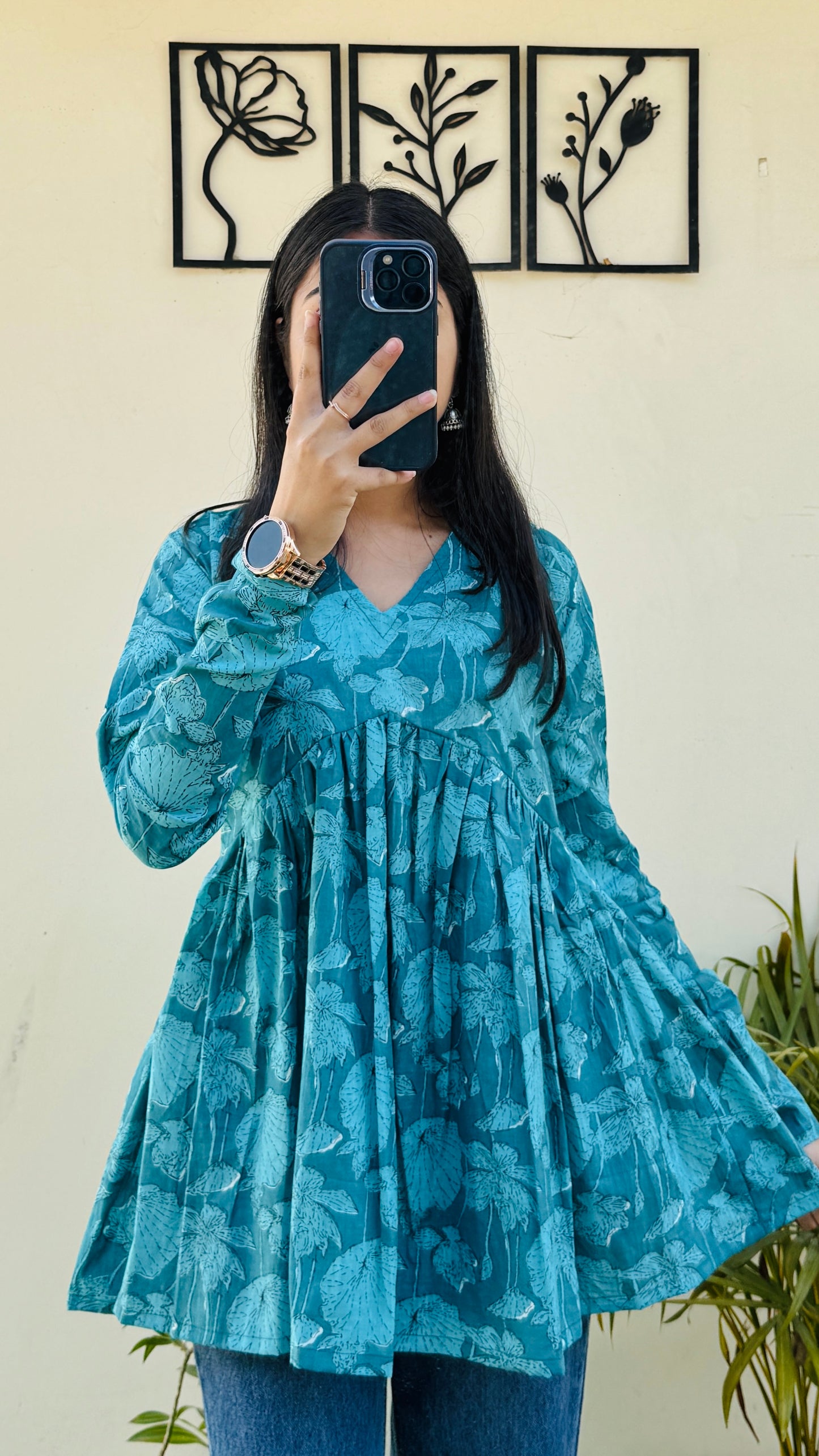 Cotton Flared Blue Aliacut Floral Print Peplum Top