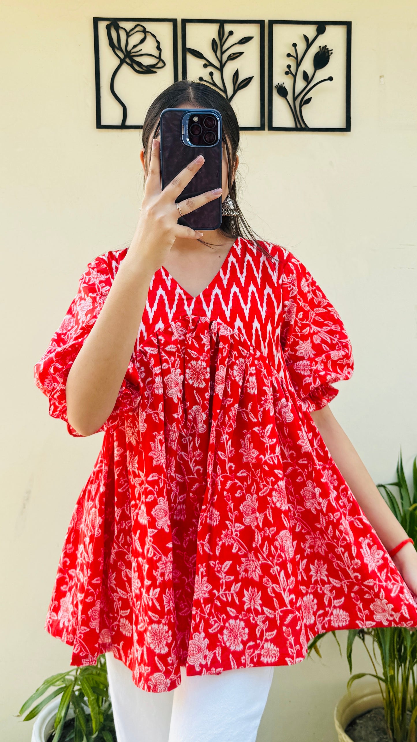Cotton Flared Puff Sleeves Red Aliacut Floral Print Peplum Top