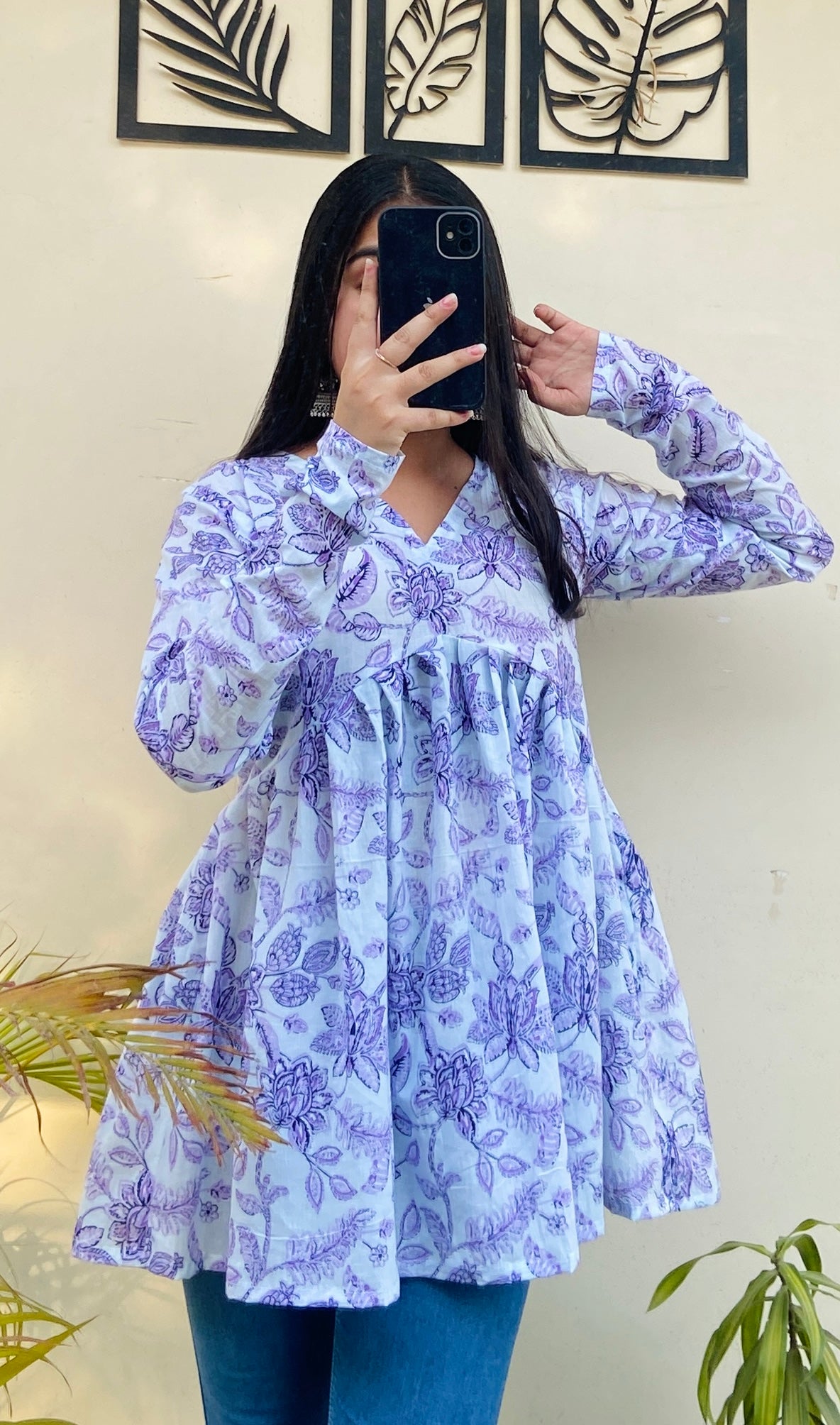 Cotton White & Lavender Flared Aliacut Peplum Top