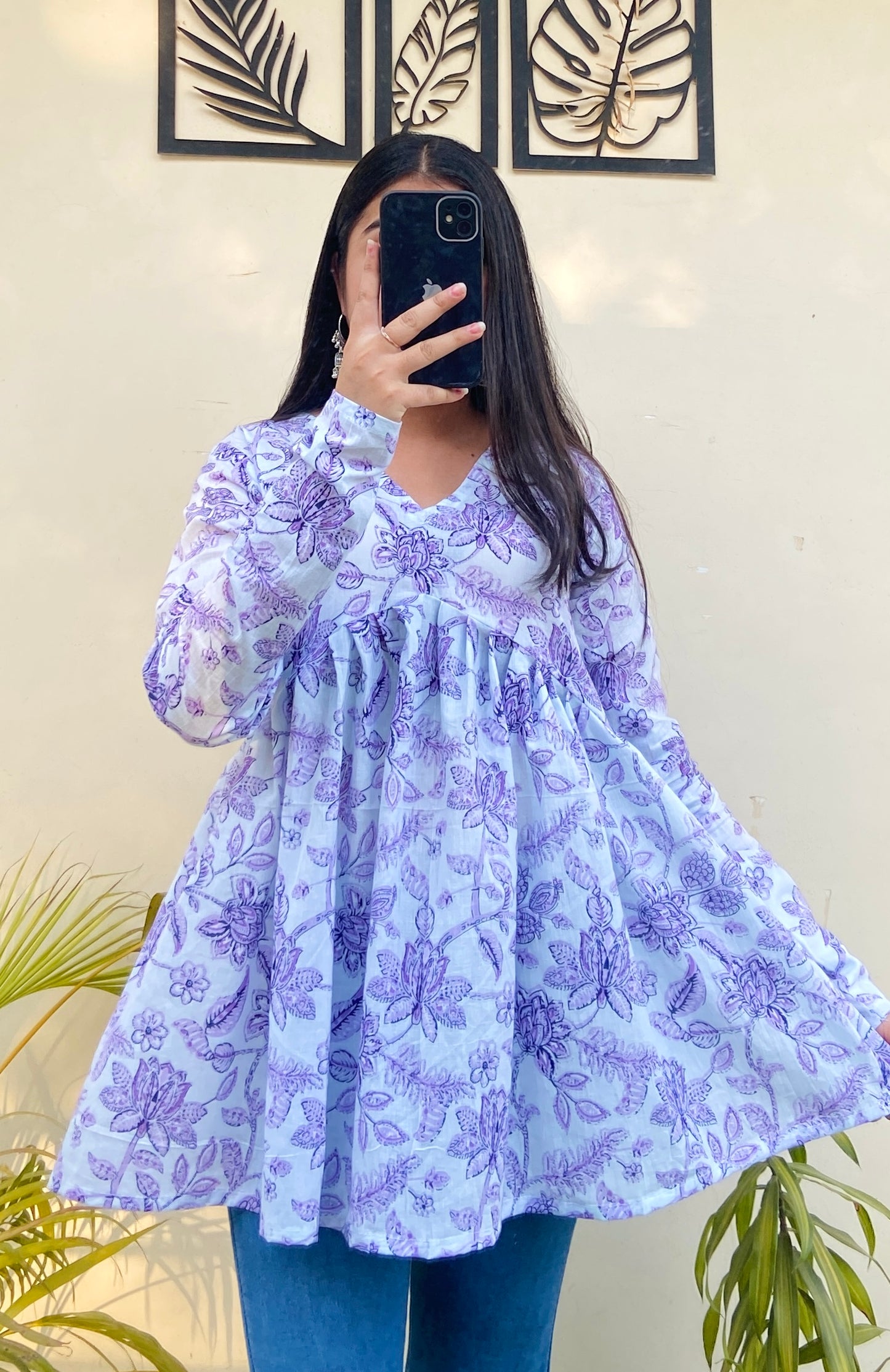 Cotton White & Lavender Flared Aliacut Peplum Top