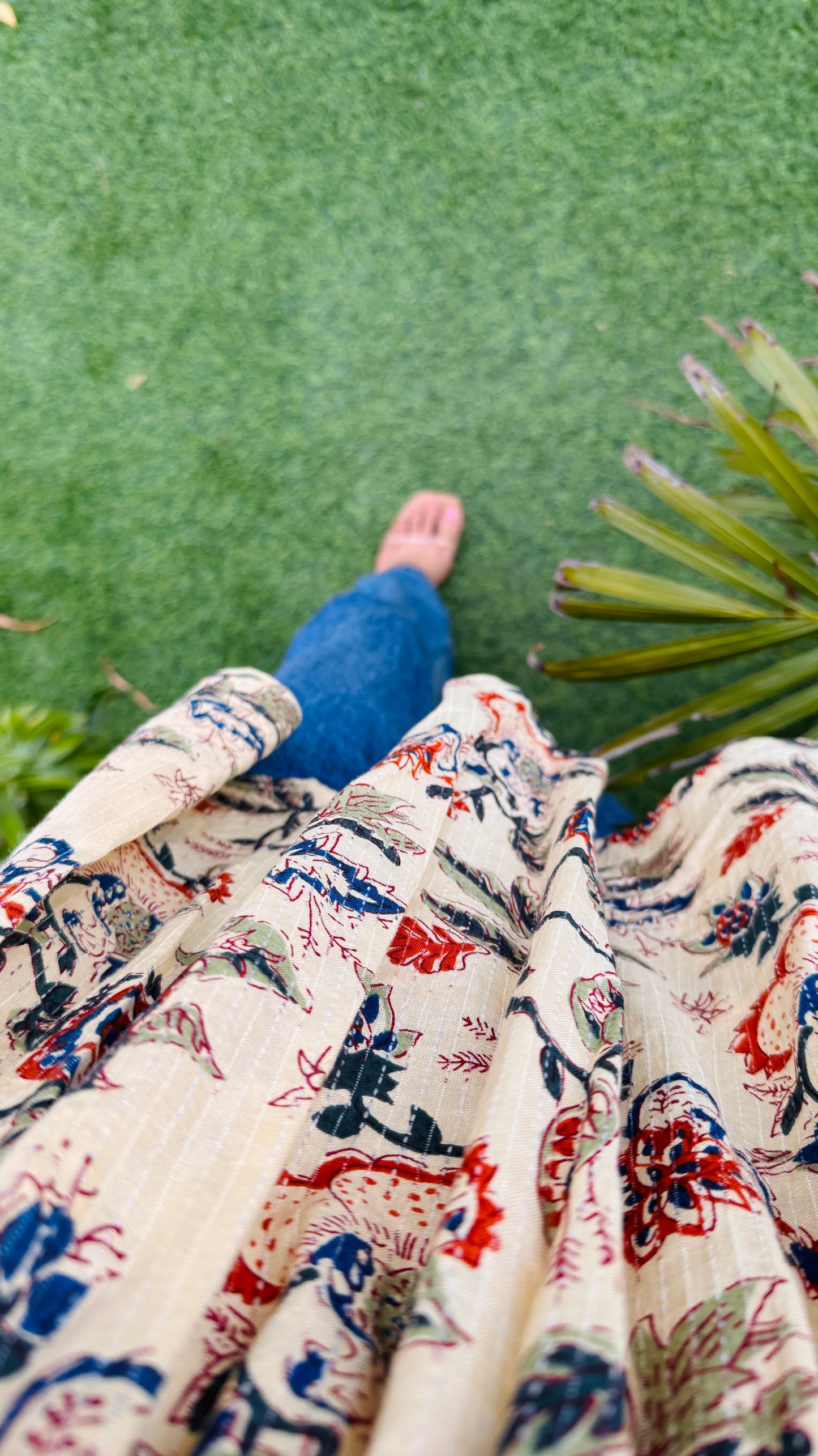 Cotton katha Cream Flared Printed Aliacut Peplum Top - Dolled Up