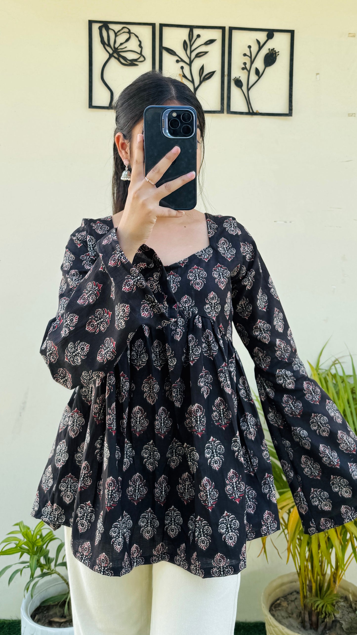 Cotton Black Bellsleeve Backless Ajrakh Print Flared Aliacut Short Kurti