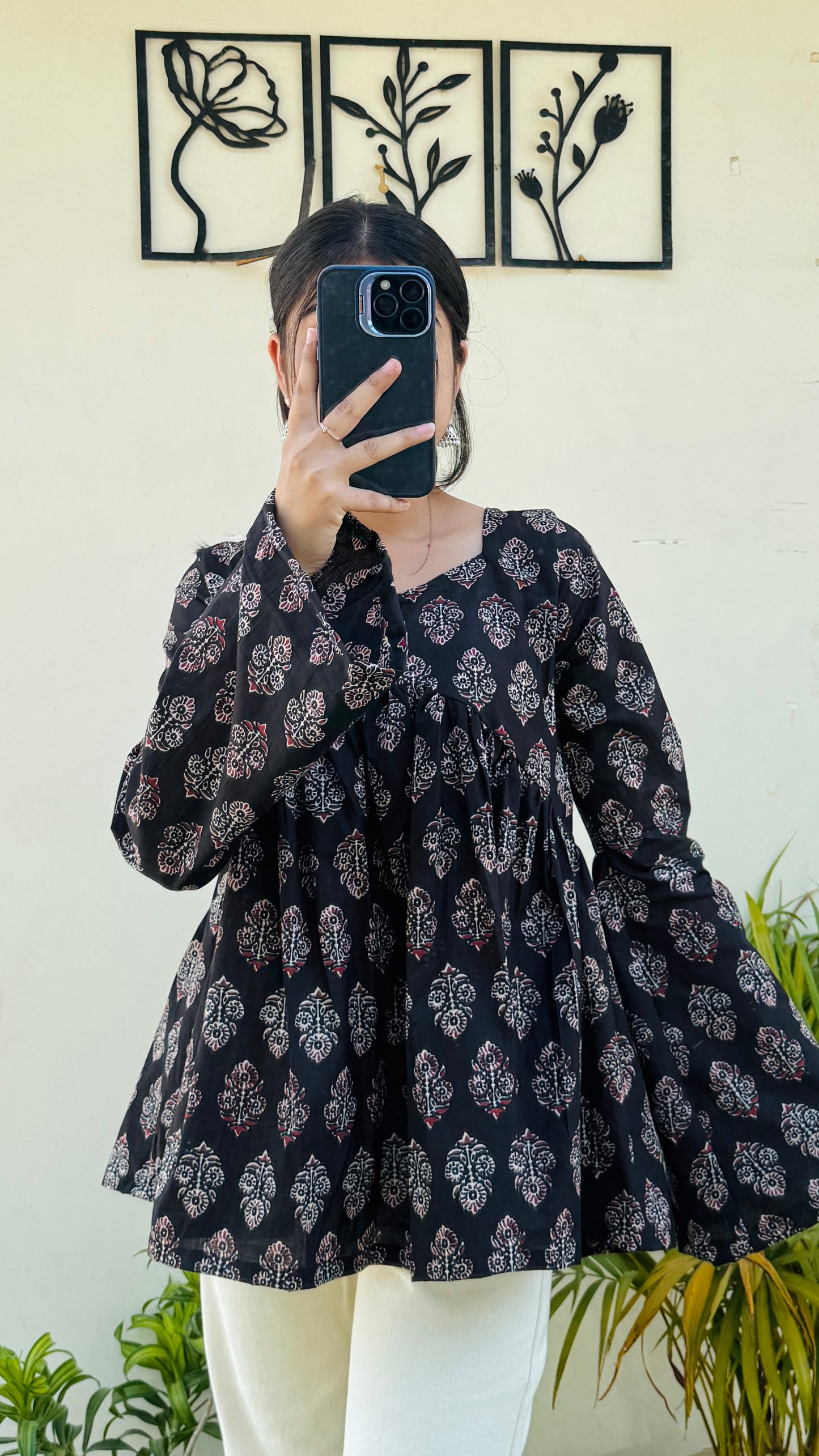 Cotton Black Bellsleeve Backless Ajrakh Print Flared Aliacut Short Kurti