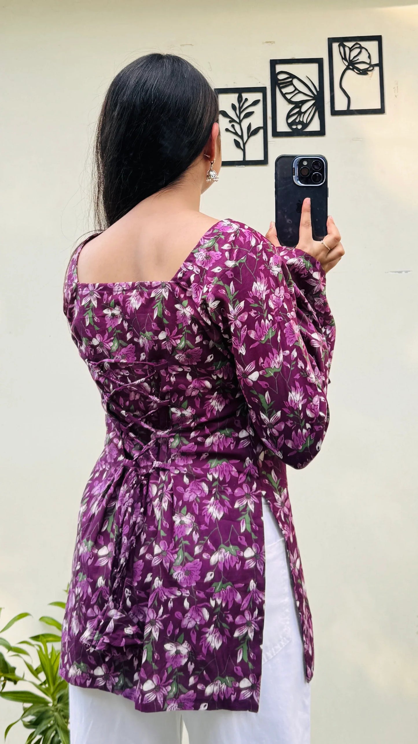 Cotton Wine Square Neck Corset Back Short Kurti - Dolled Up