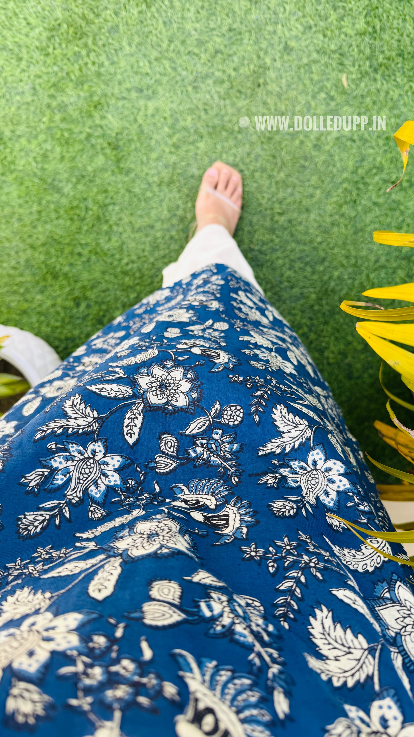 Cotton Printed Blue Puff Sleeve Straight Kurta