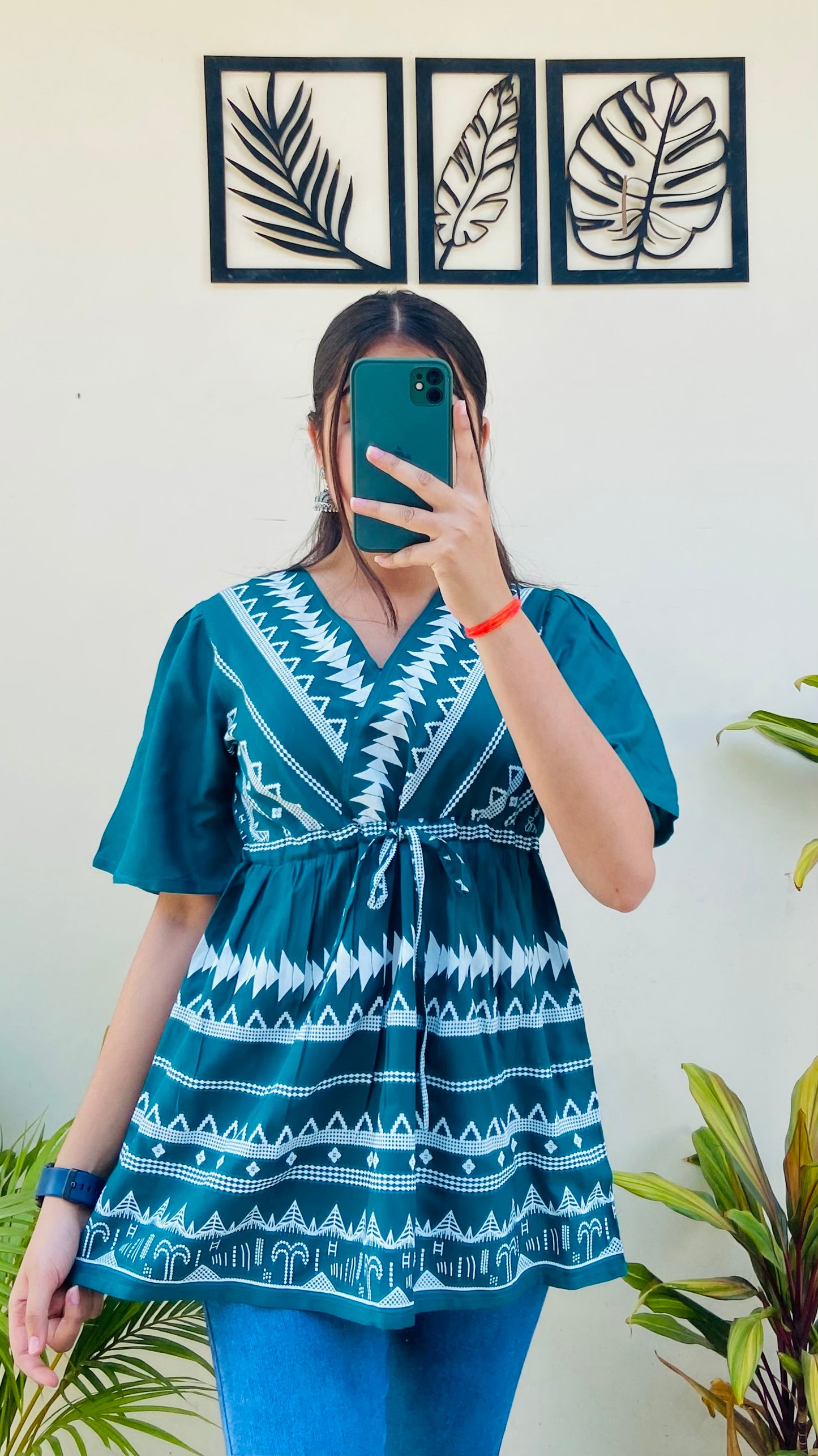 Green Printed Rayon Short Sleeve Top