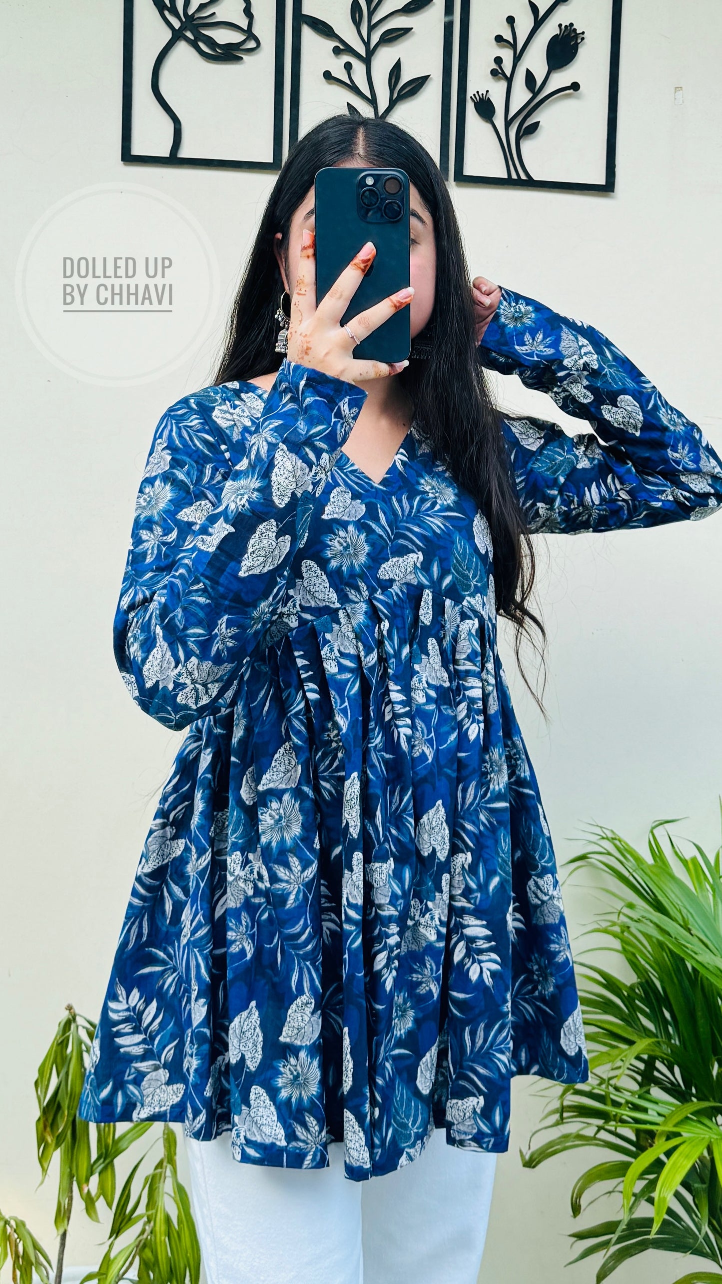 Cotton Flared Royal Blue Aliacut Floral Print Peplum Top