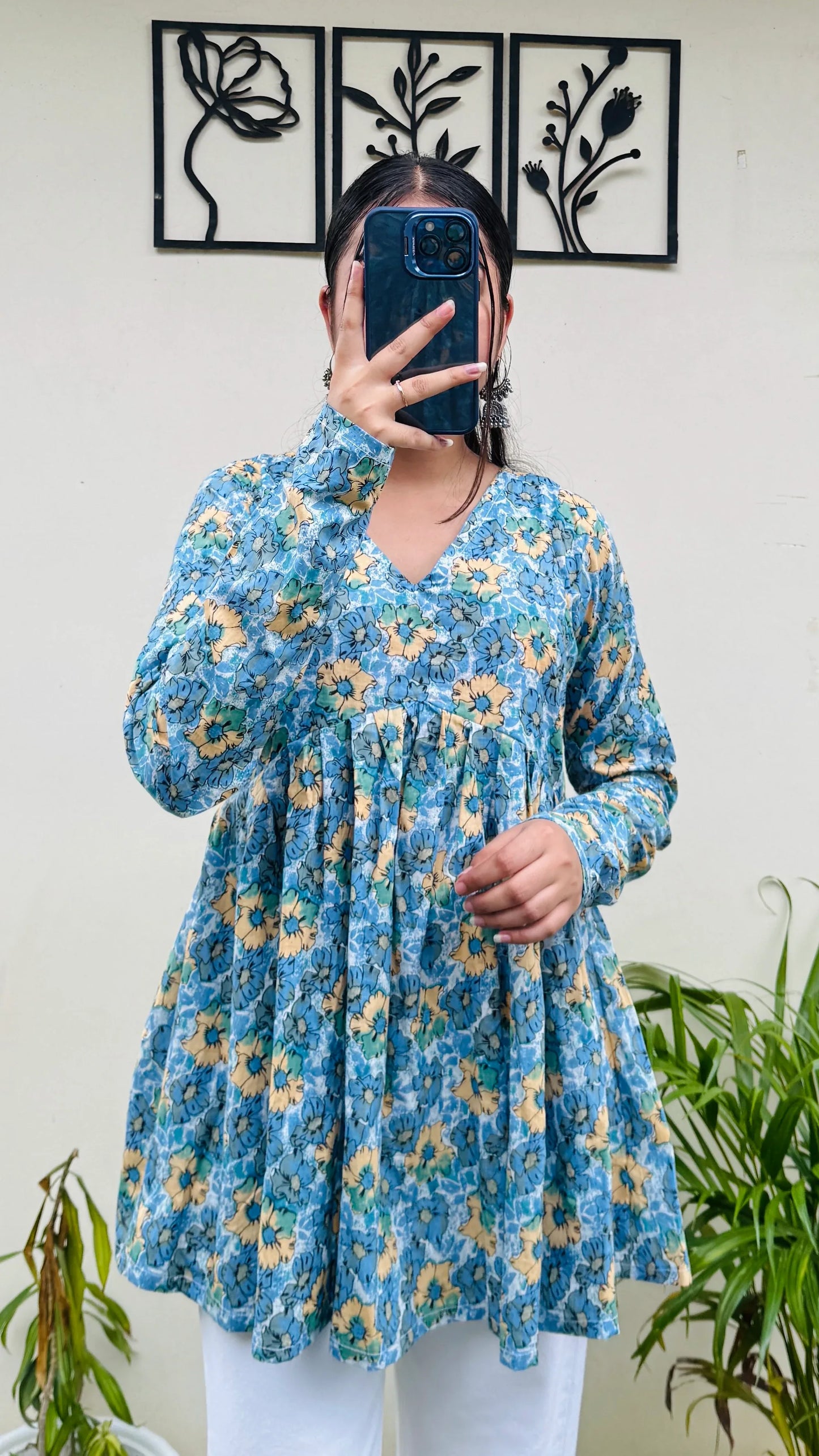 Cotton Flared Sky Blue Aliacut Floral Print Peplum Top - Dolled Up