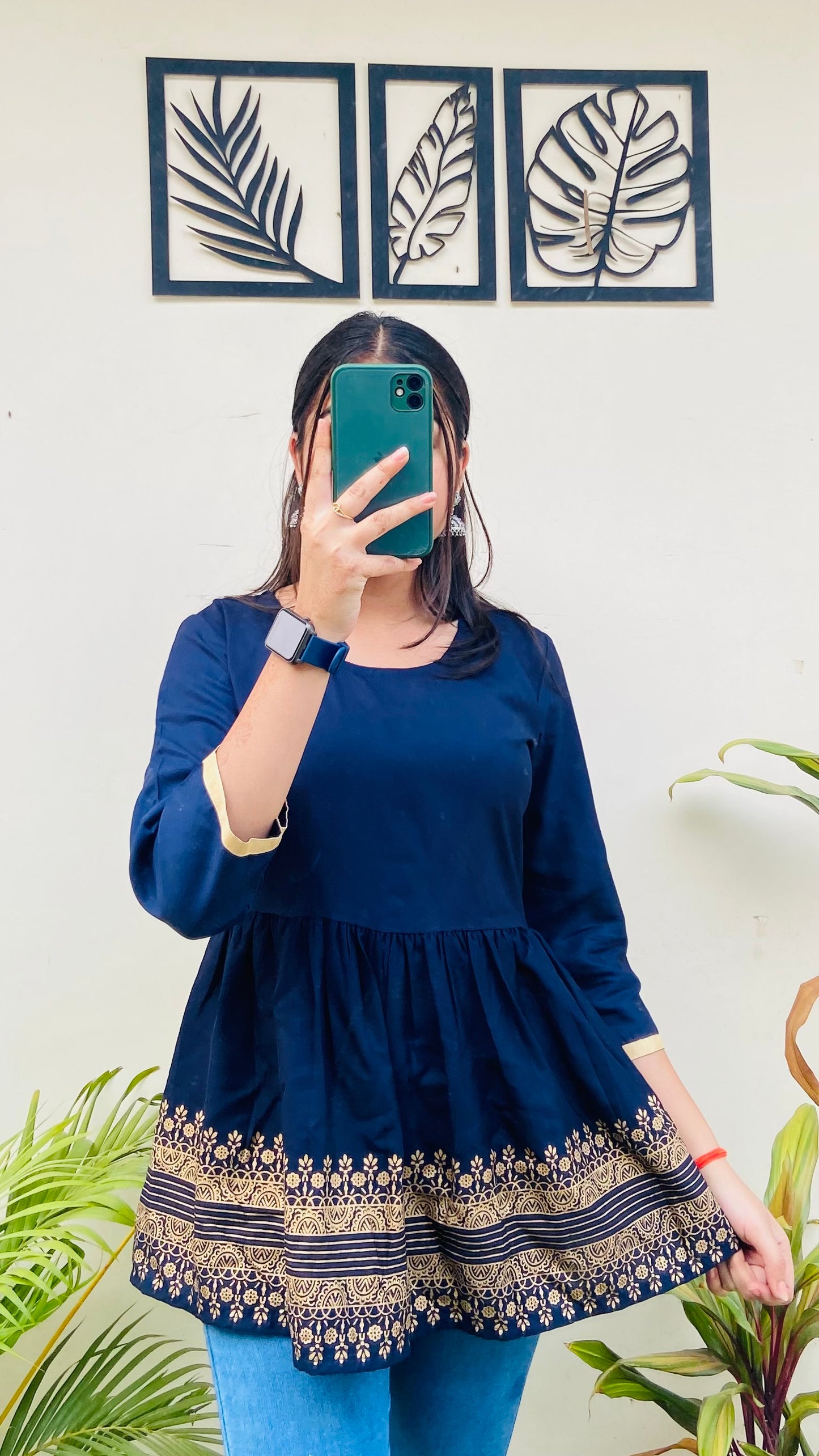 Navy Blue Printed Flared Top