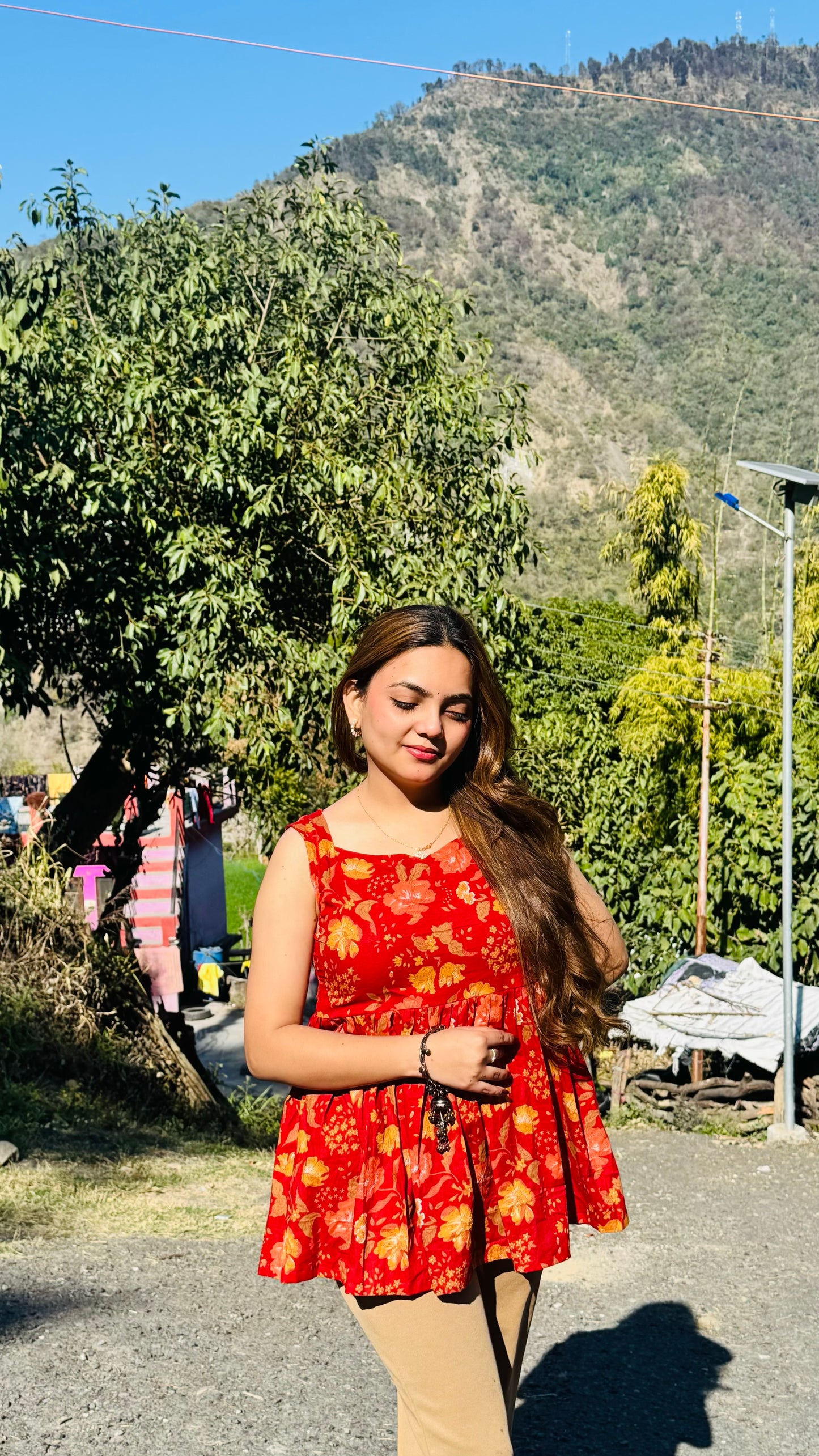 Cotton Flared Red Back Less Neck Design Short Kurti