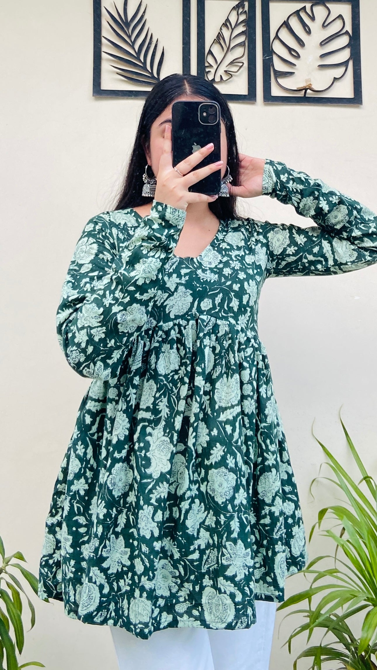 Cotton Flared Olive Green Printed Aliacut Peplum Top