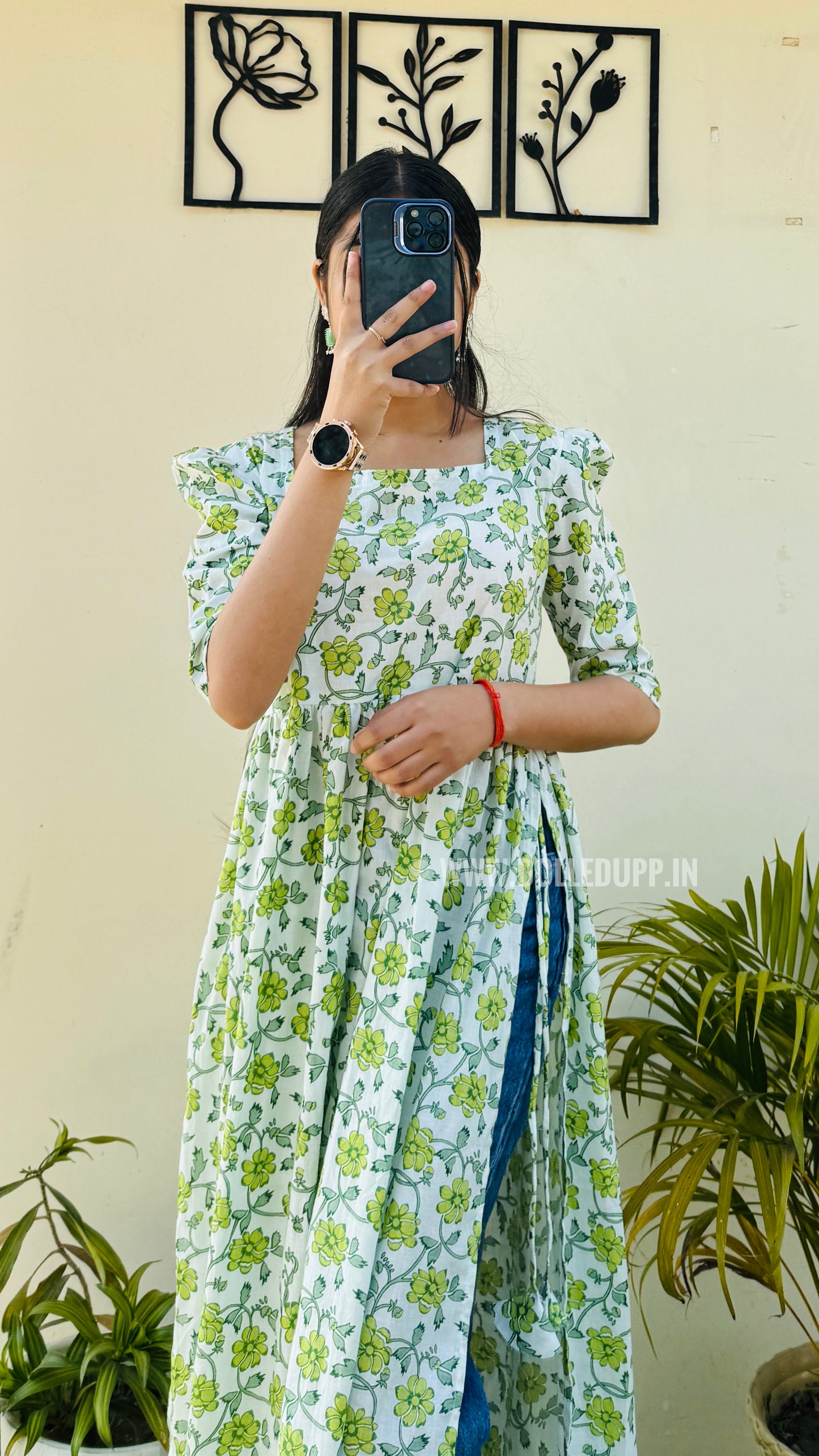 Cotton Printed White & Green Puff Sleeves Nyra Cut Long Kurti