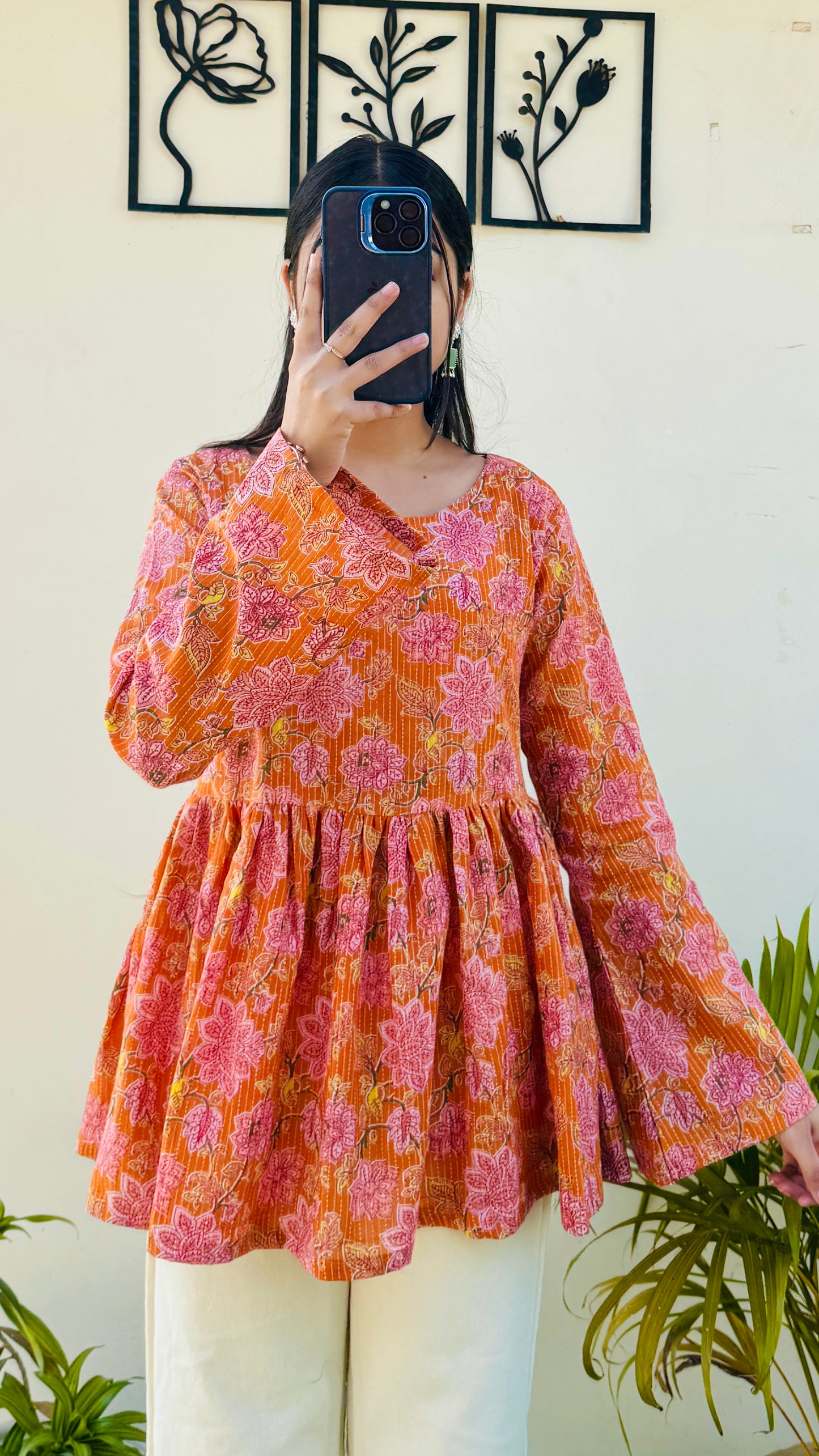 Cotton Flared Katha Bell Sleeve Peplum Top
