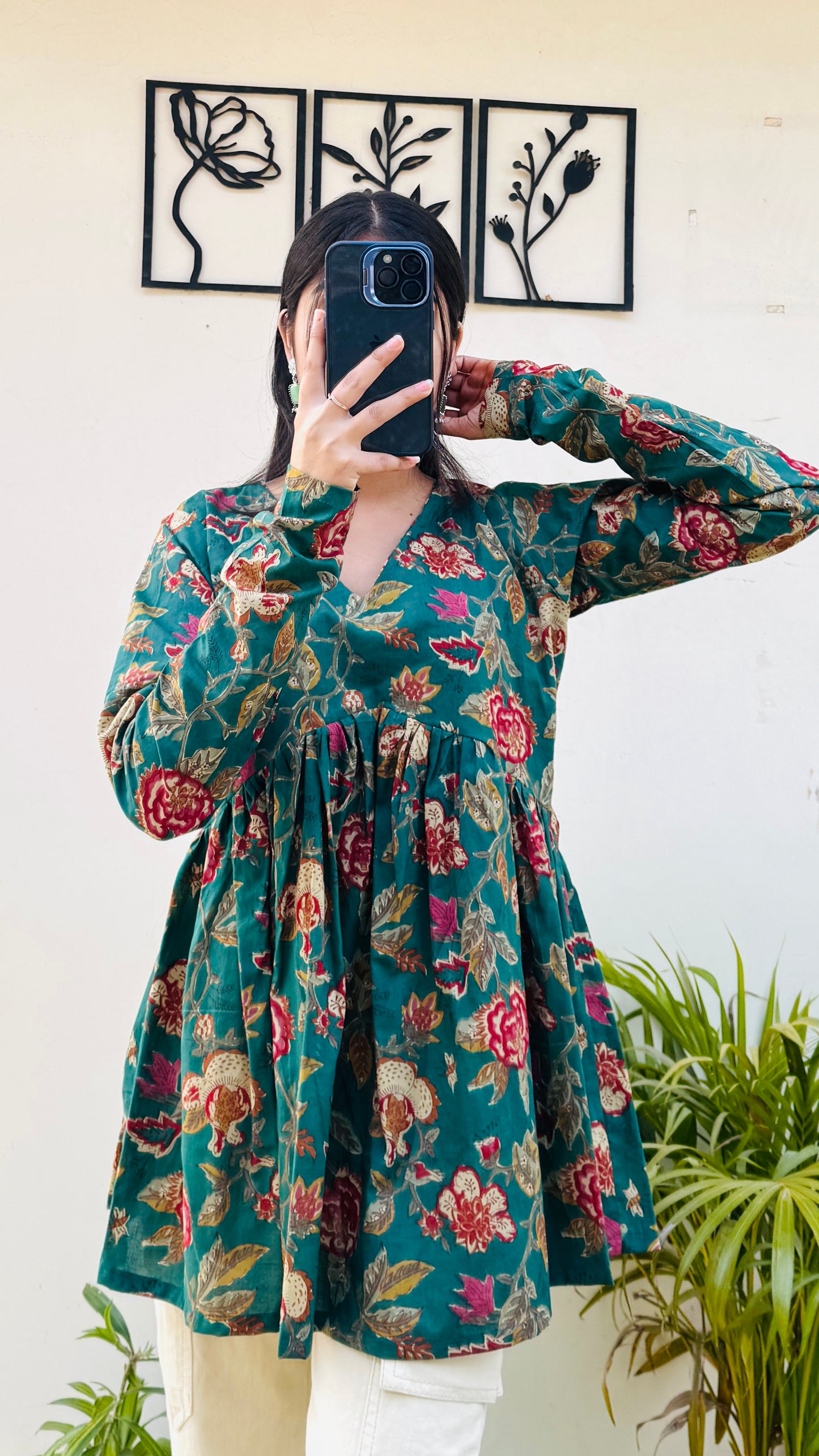 Cotton Flared Bottle Green Aliacut Floral Print Peplum Top