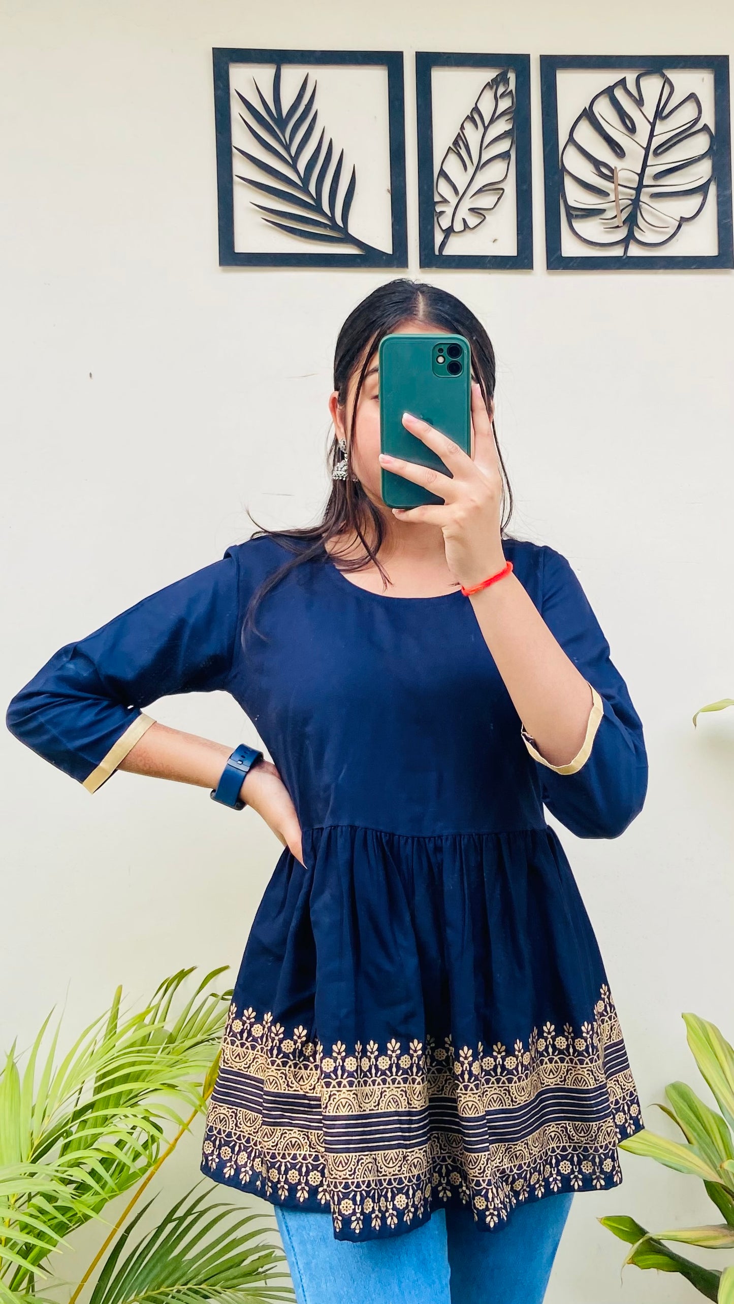 Navy Blue Printed Flared Top