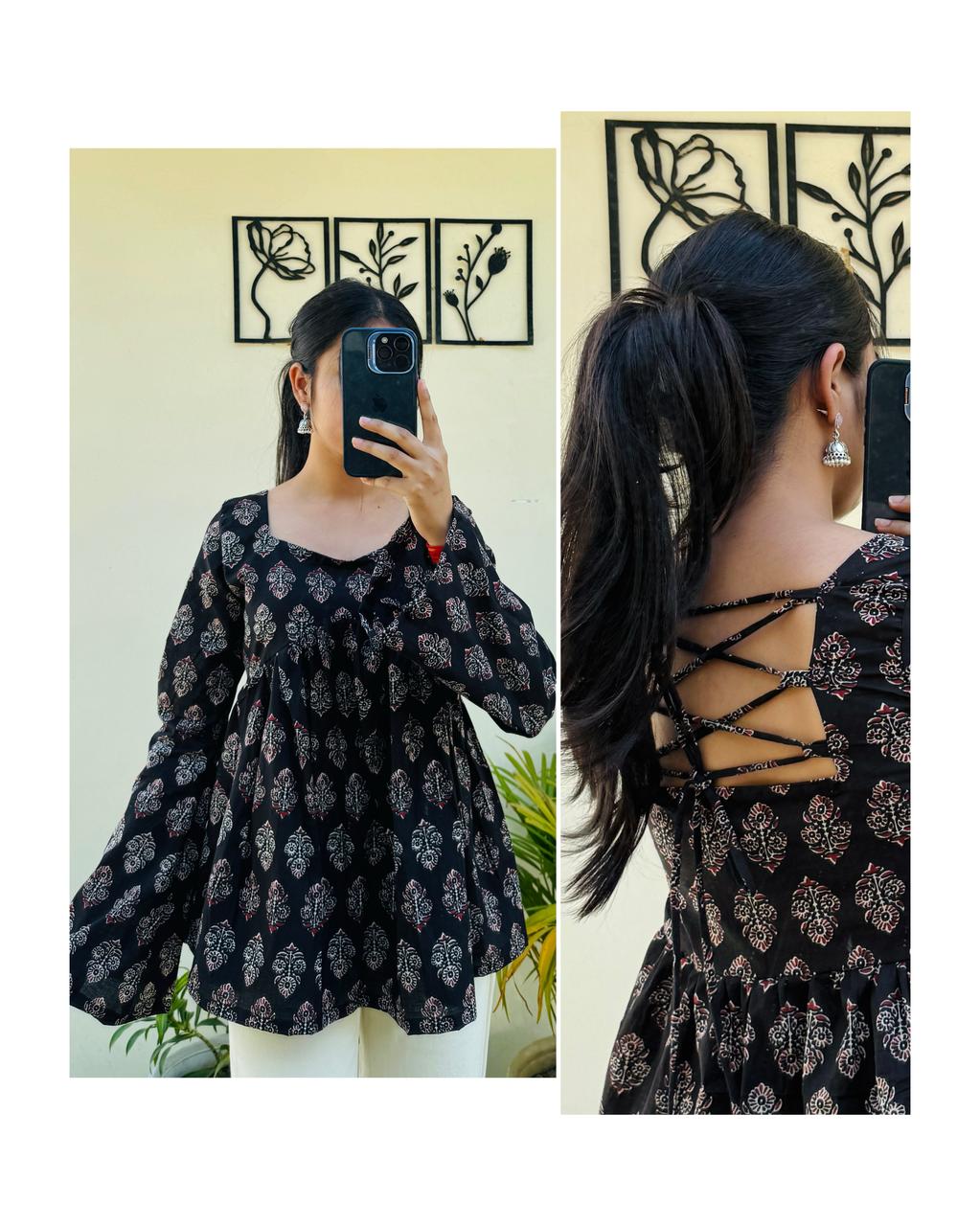 Cotton Black Bellsleeve Backless Ajrakh Print Flared Aliacut Short Kurti
