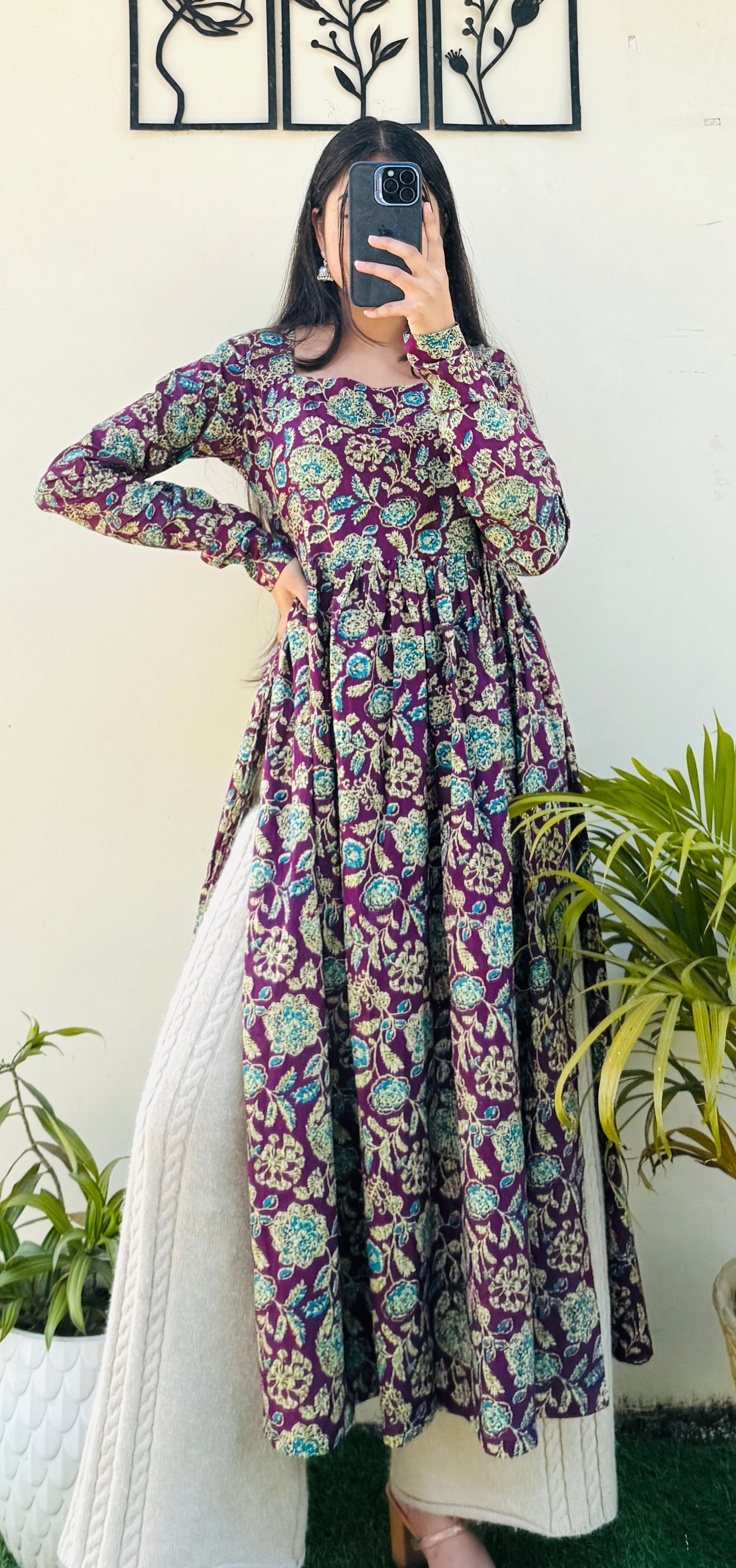 Cotton Full Sleeve Wine Nyra Cut Long Kurti