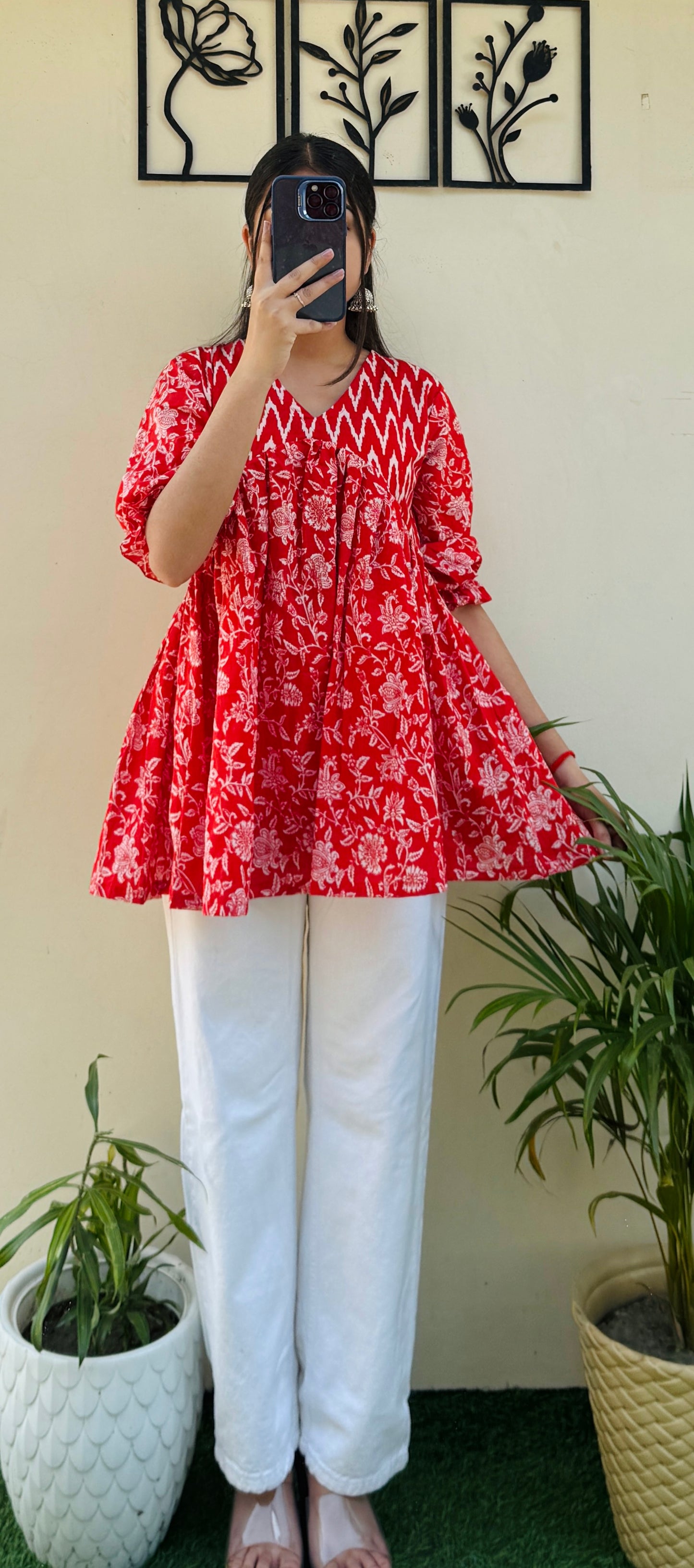 Cotton Flared Puff Sleeves Red Aliacut Floral Print Peplum Top