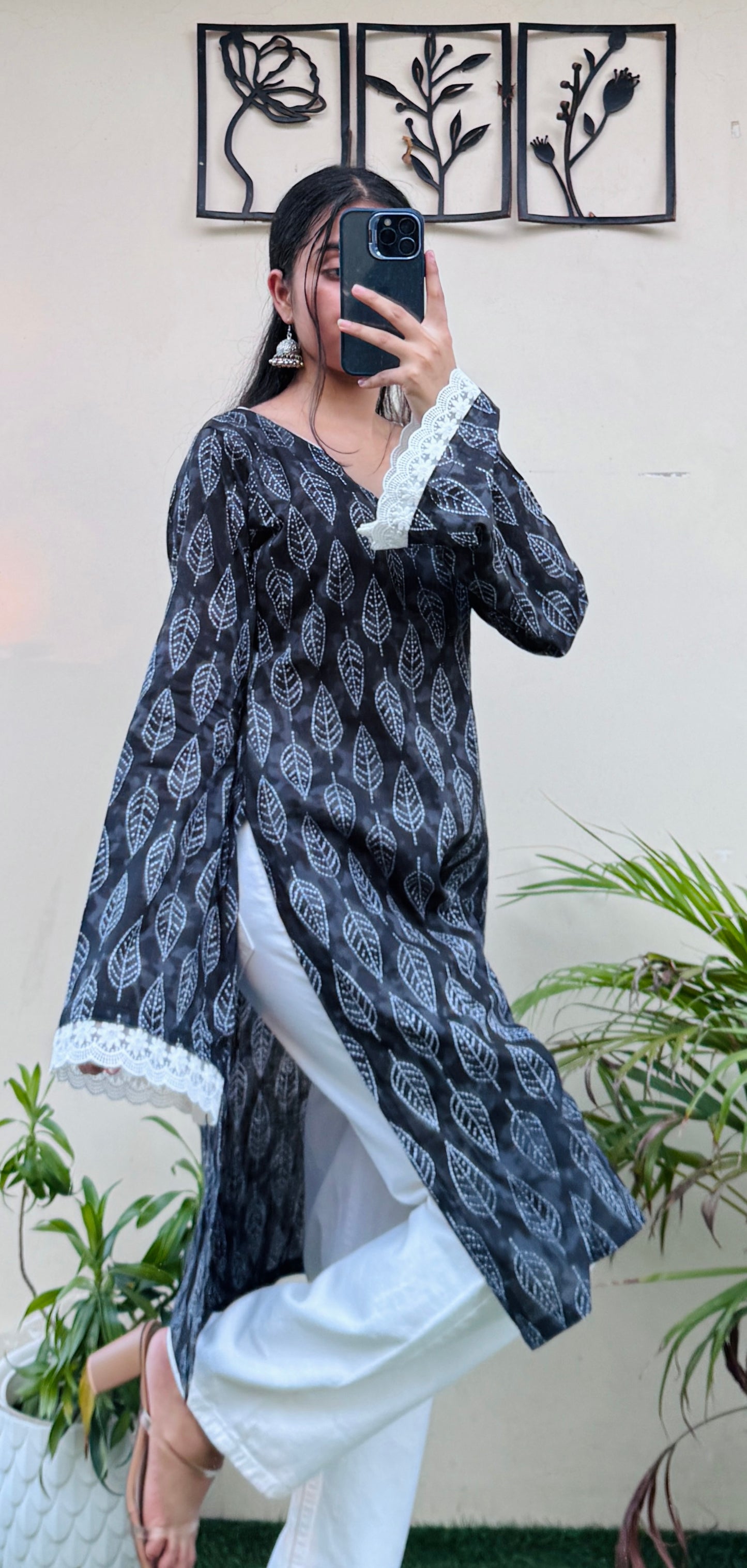 Cotton V-neck Lace Work Bellsleeves Long Kurti