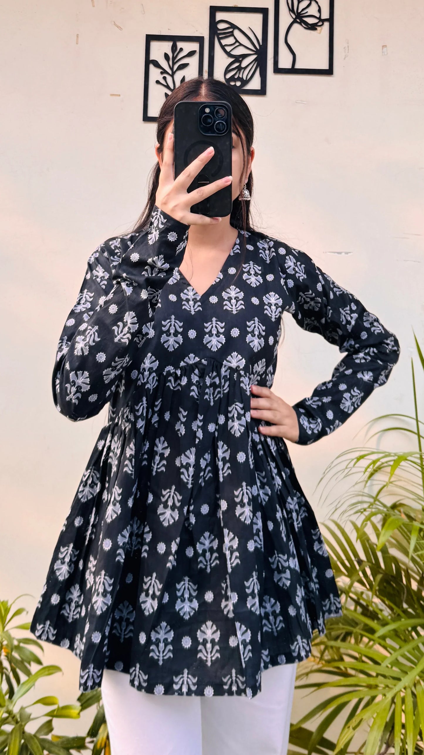 Cotton Black Flared Printed Aliacut Peplum Top - Dolled Up