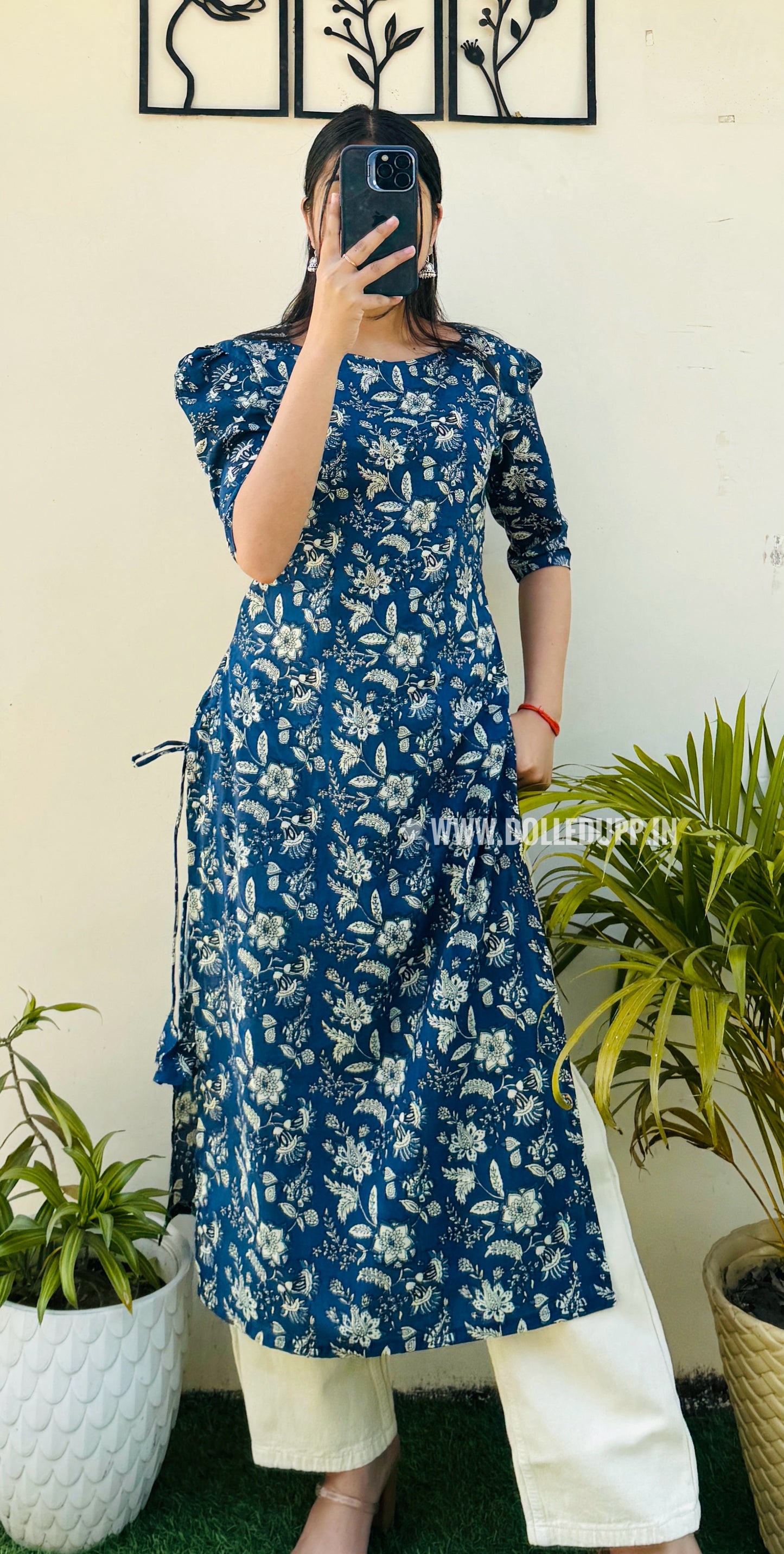 Cotton Printed Blue Puff Sleeve Straight Kurta
