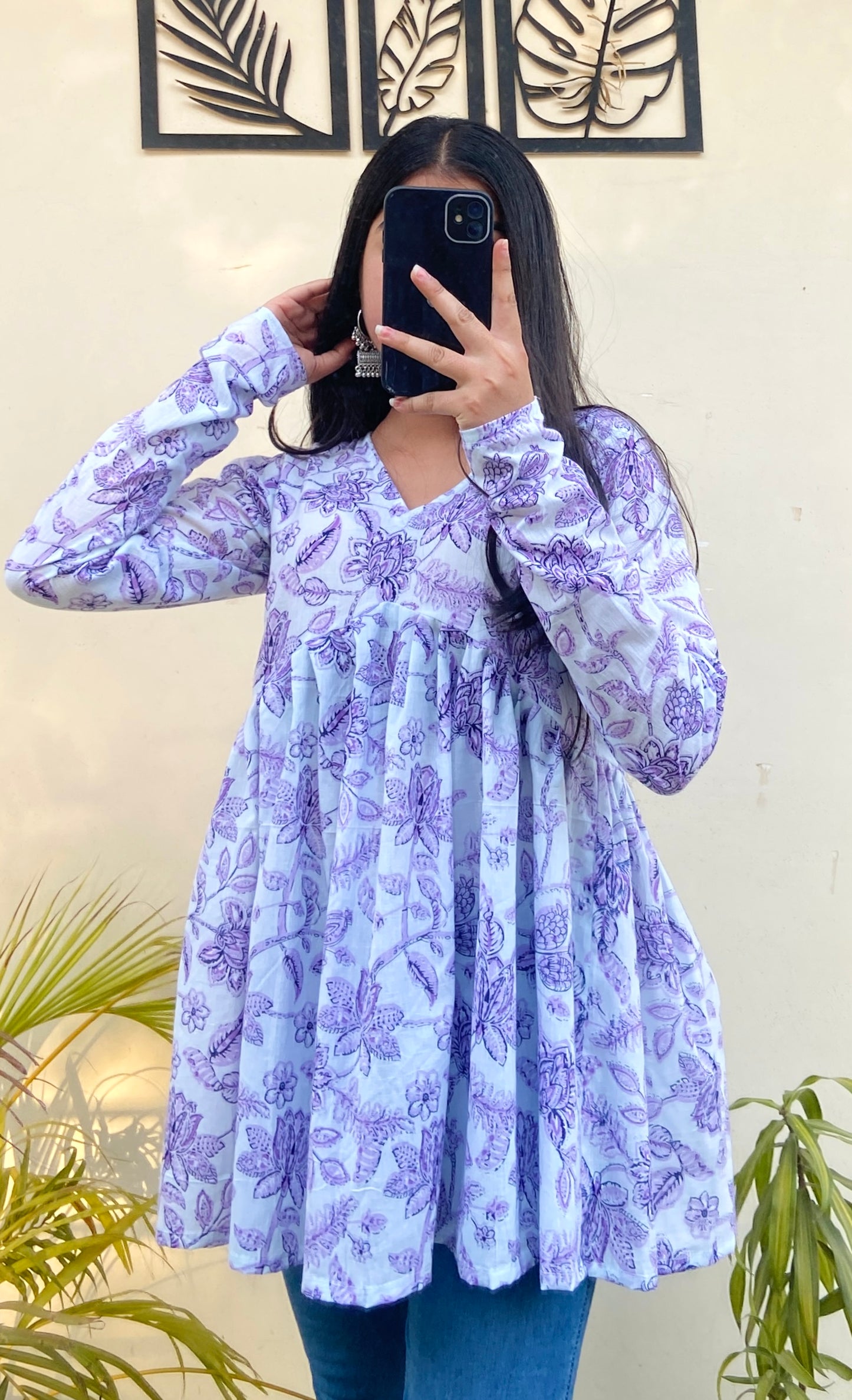 Cotton White & Lavender Flared Aliacut Peplum Top