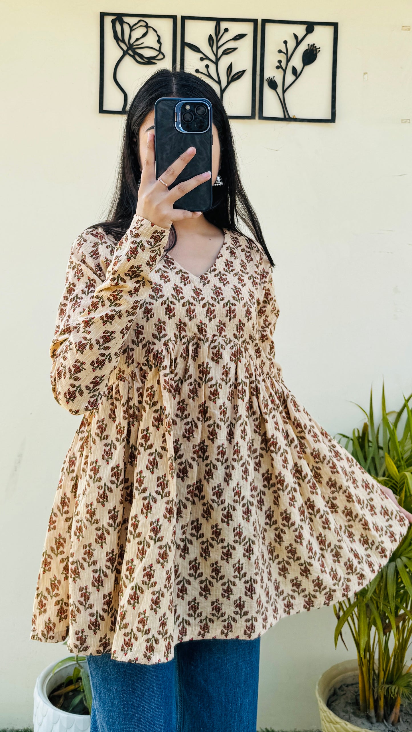 Katha Cotton Beige Flared Printed Aliacut Peplum Top