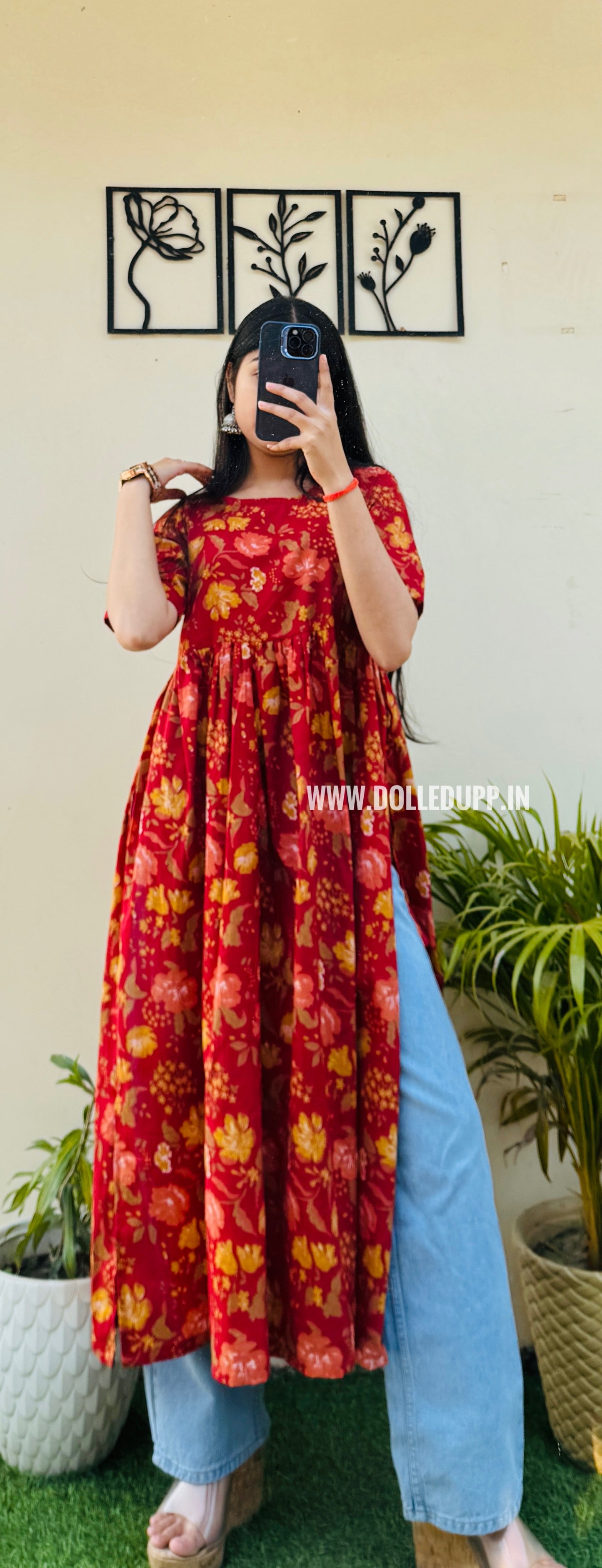 Cotton Printed Red Nyra Cut Long Kurti
