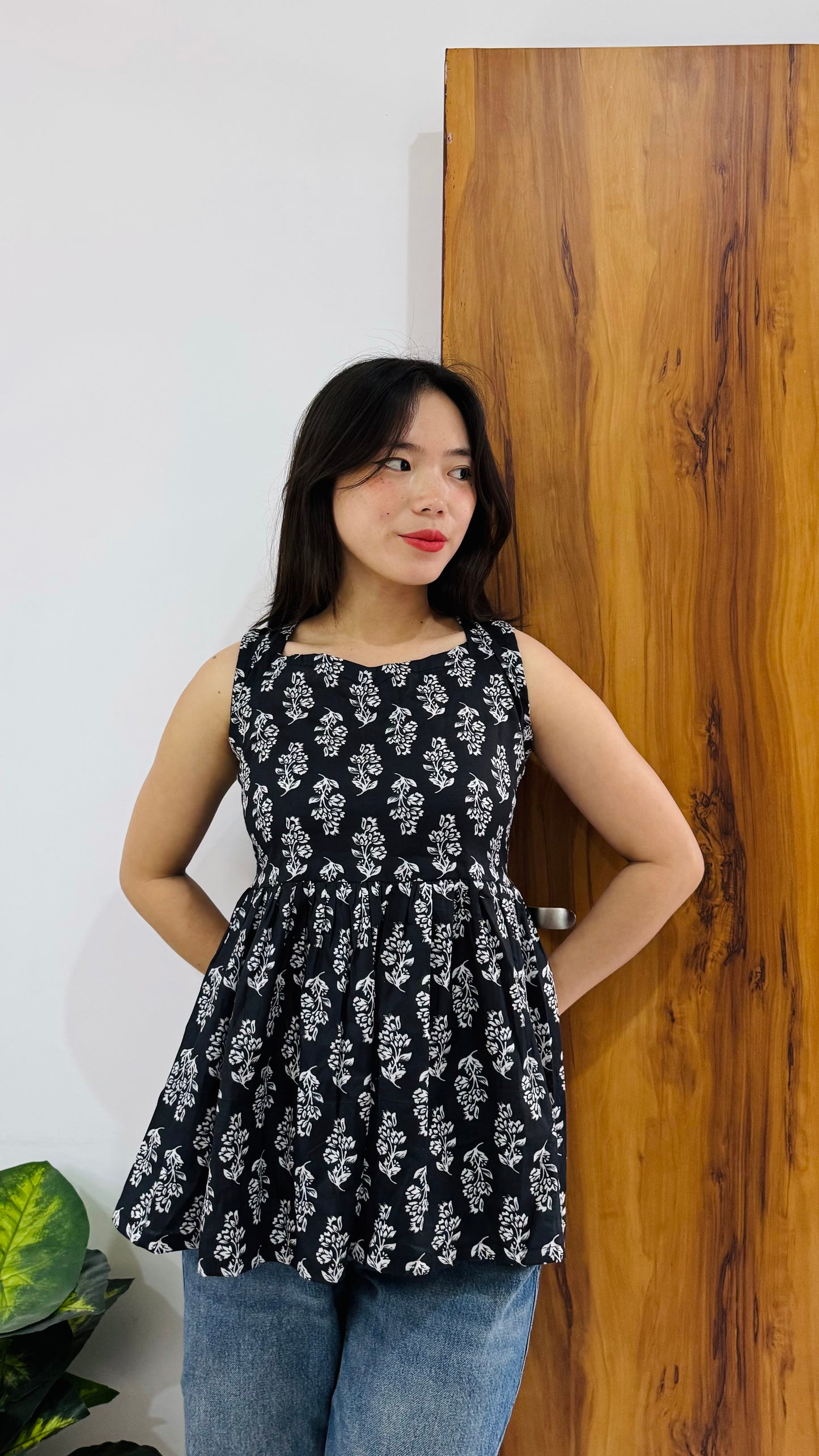 Cotton Flared Back Less Neck Design Short Kurti