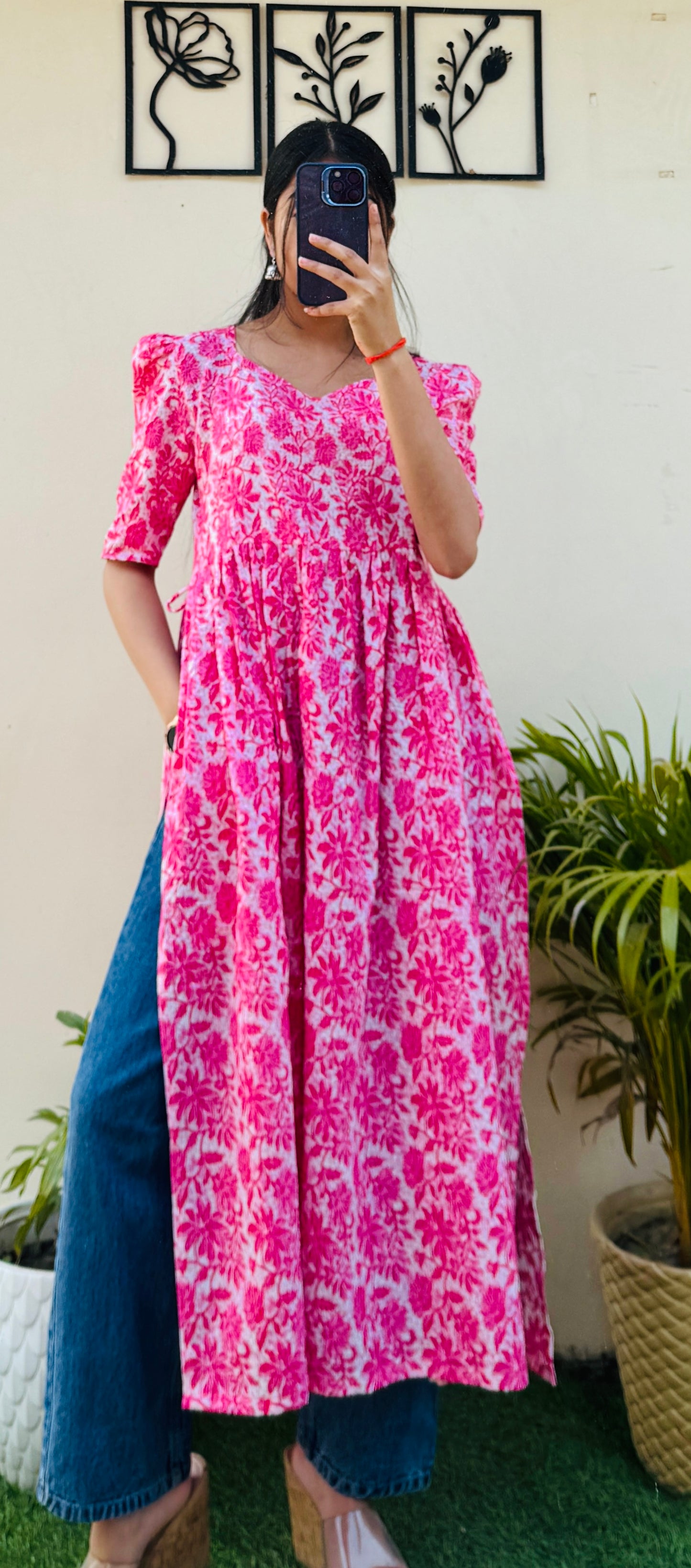 Cotton Katha Pink Puff Sleeves Nyra Cut Long Kurti
