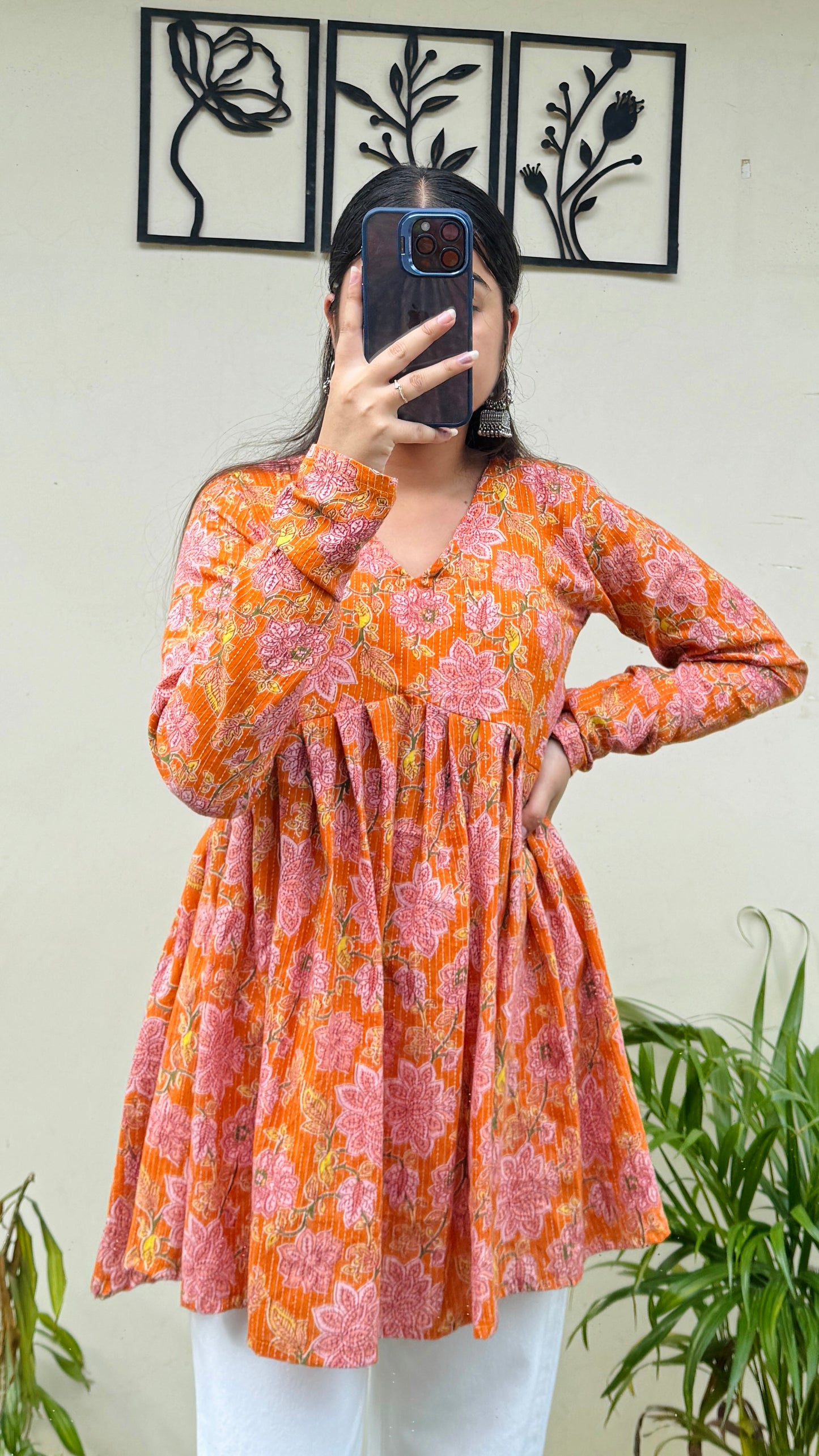 Katha Cotton Orange Flared Floral Print Aliacut Peplum Top