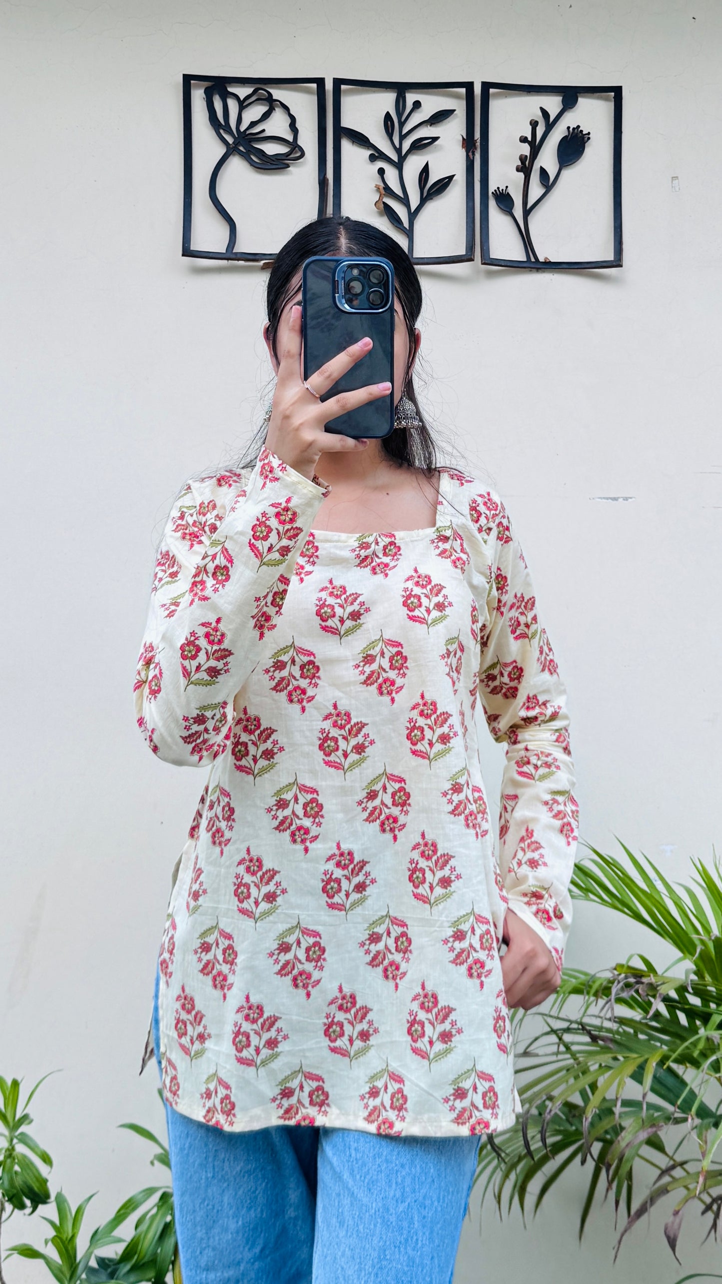 Cotton Cream Fullsleeve Short Kurti
