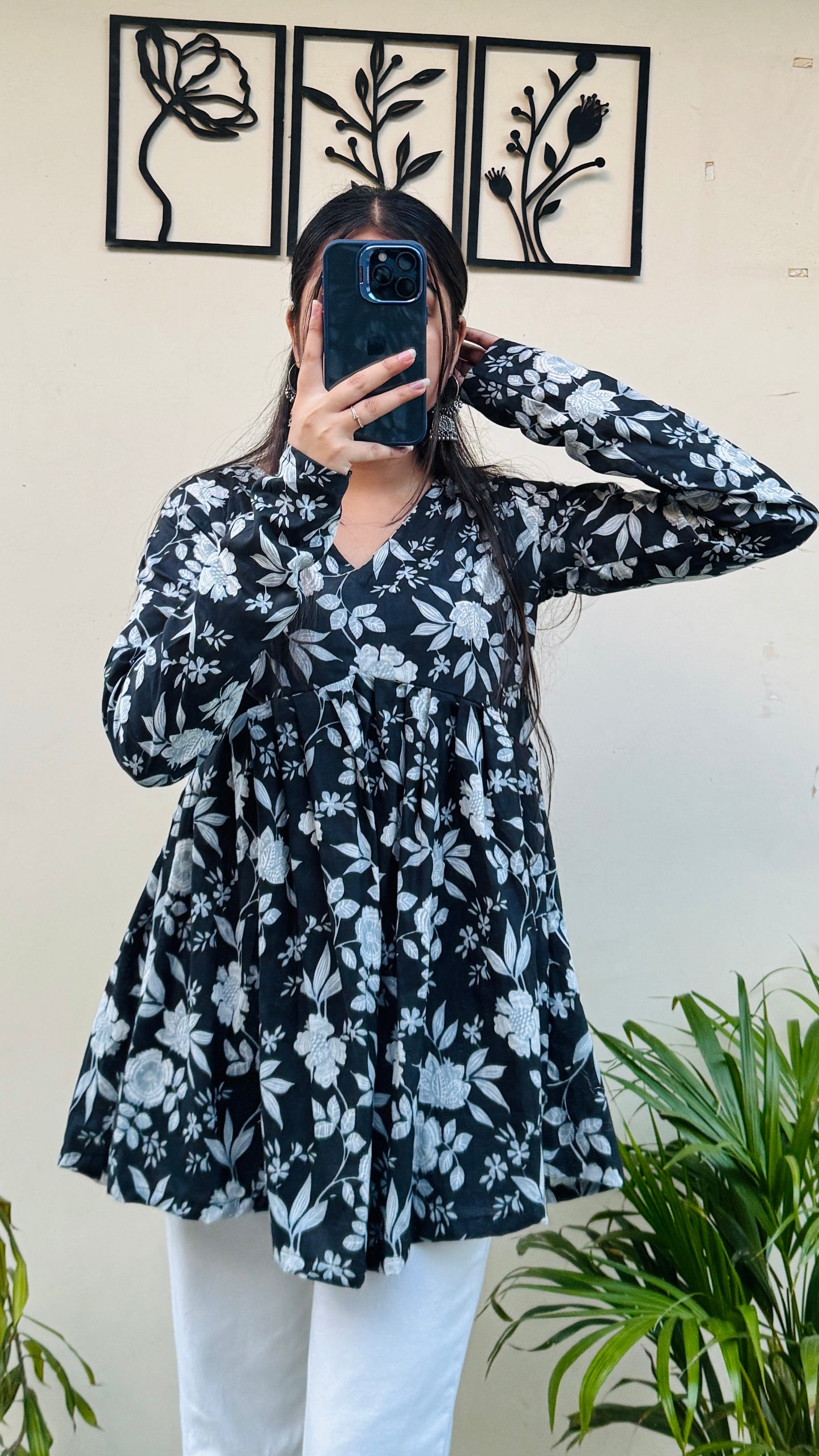 Cotton Flared Black Aliacut Floral Print Peplum Top