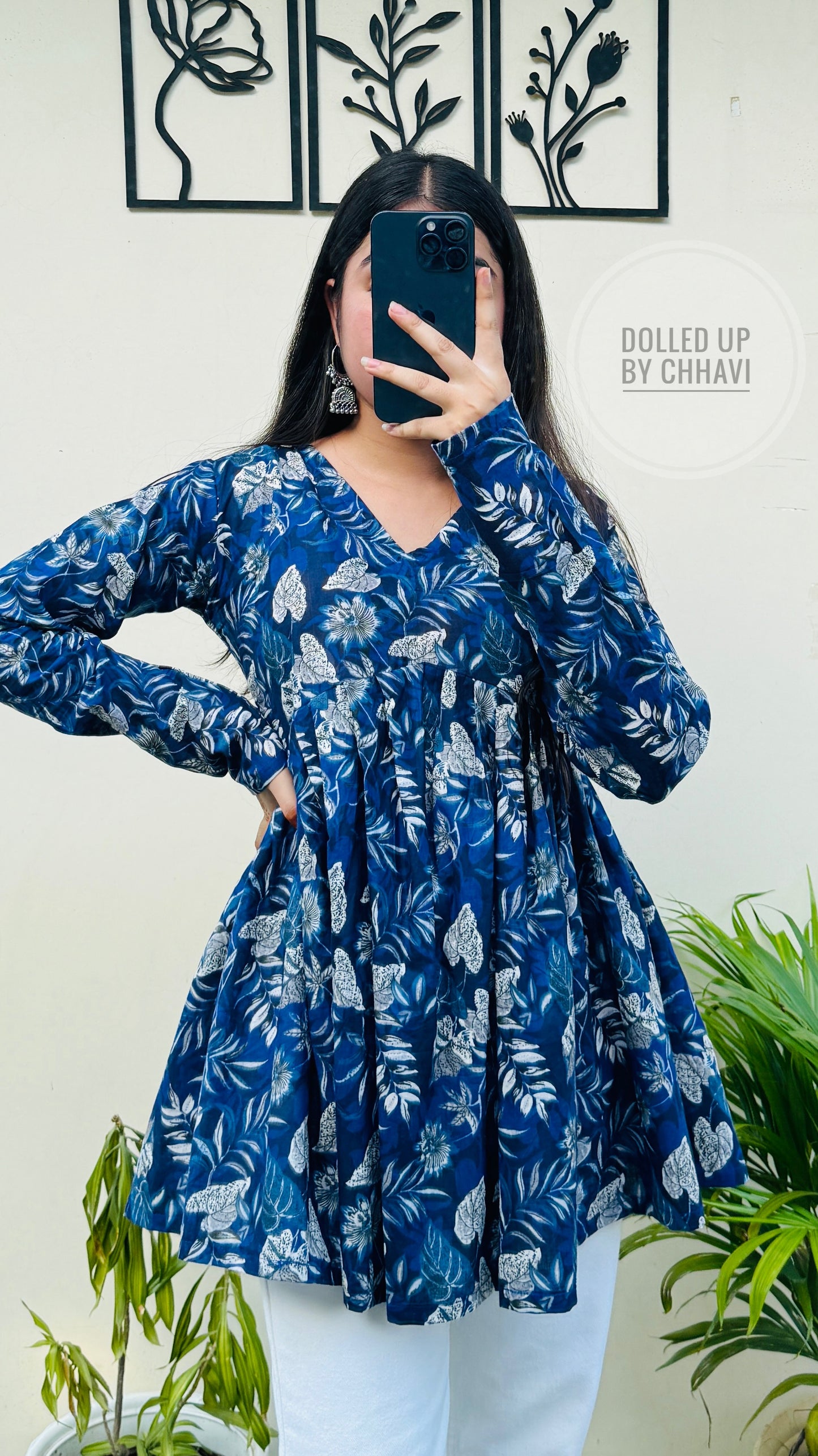 Cotton Flared Royal Blue Aliacut Floral Print Peplum Top