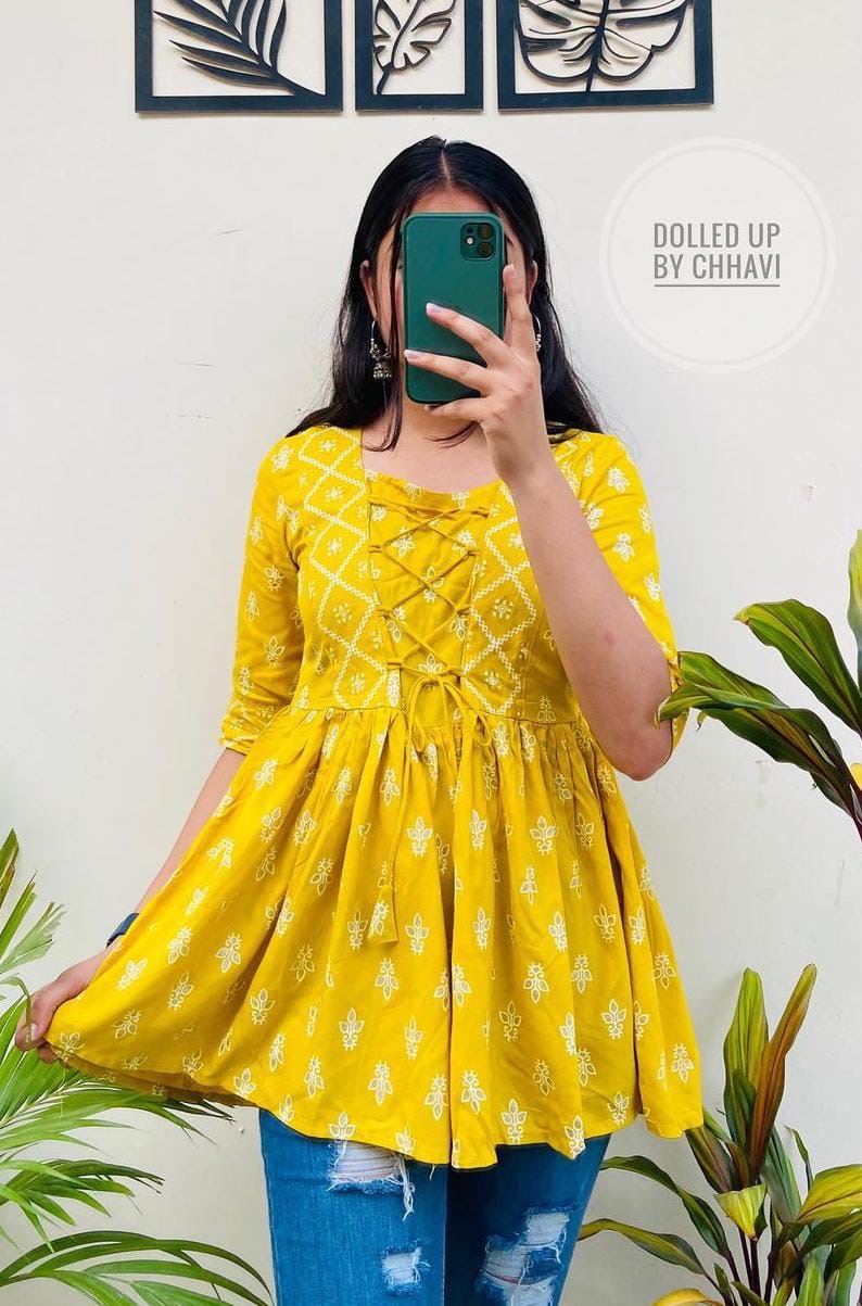 Printed Yellow Rayon Short Top