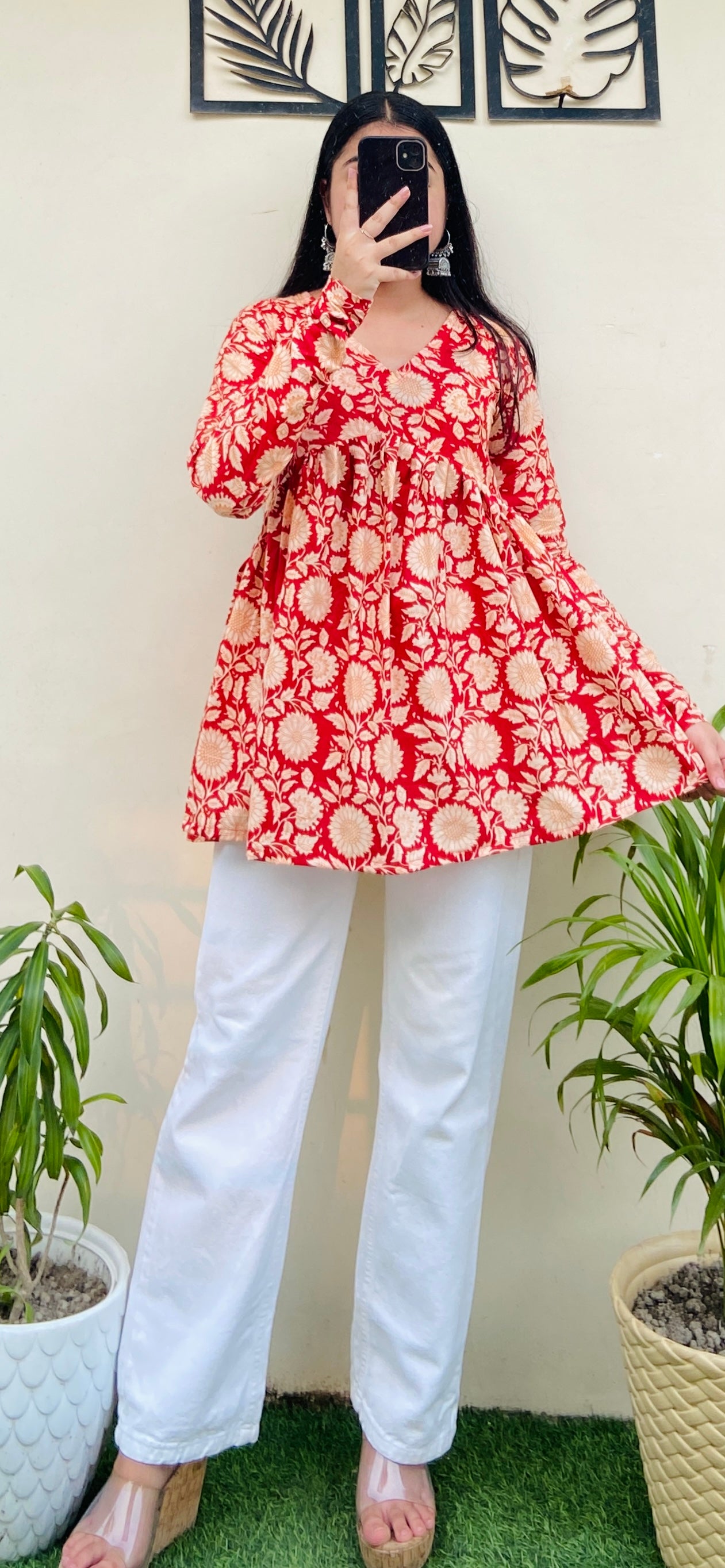Cotton Flared Red Aliacut Printed Peplum Top